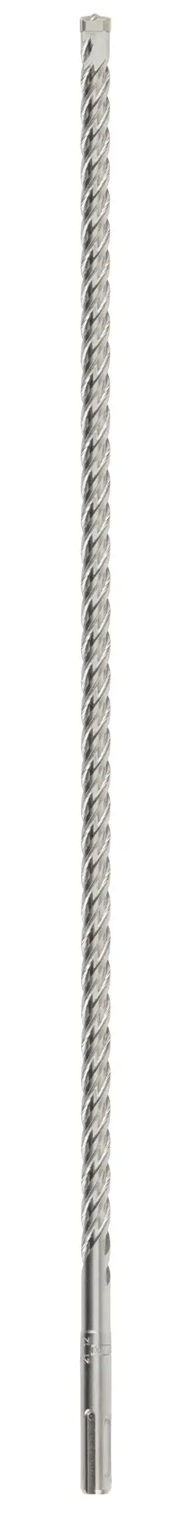 A long, silver DEWALT rotary hammer drill bit with spiral design, shown vertically on a white background.
