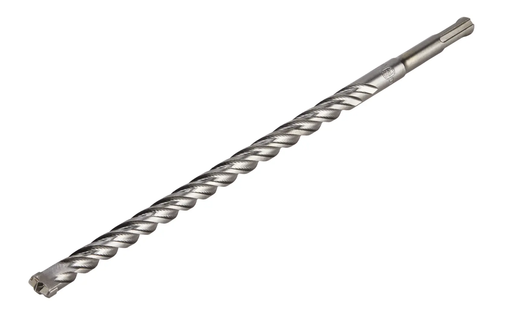 A single long, metallic SDS-plus masonry drill bit with spiral fluting for efficient drilling, shown on a white background.