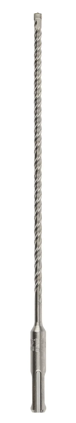 Long, silver DEWALT drill bit with spiral grooves for masonry or concrete drilling. Straight vertical orientation.