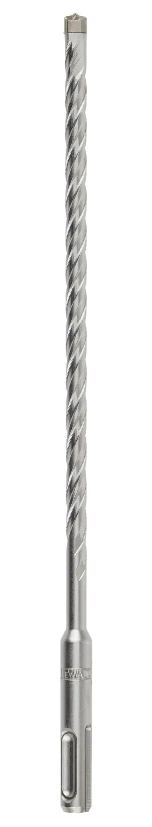 A long, silver DEWALT SDS drill bit with spiral fluting, used for masonry drilling tasks.