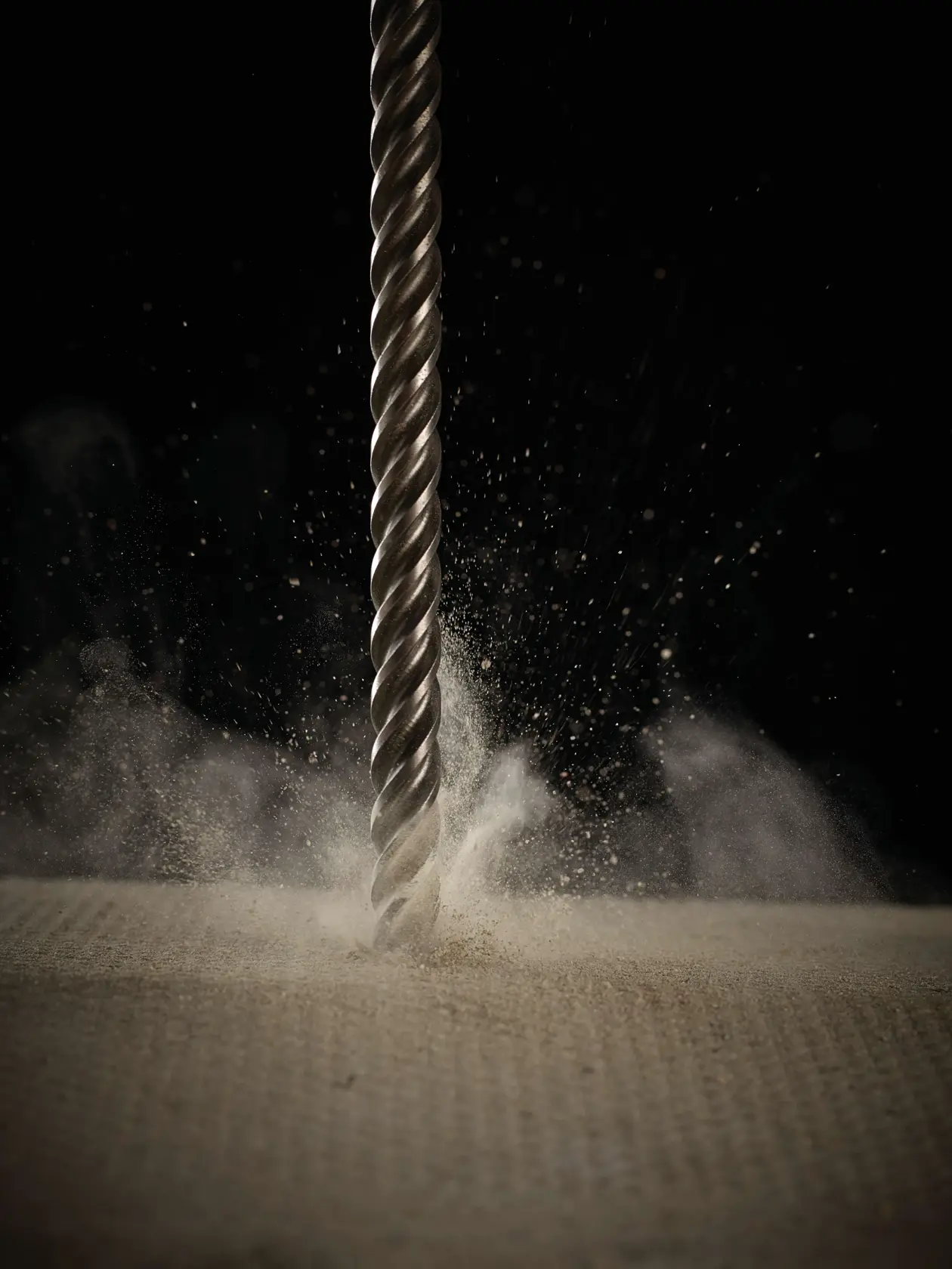 Close-up of a DEWALT drill bit cutting into a surface with dust particles flying, against a dark background.