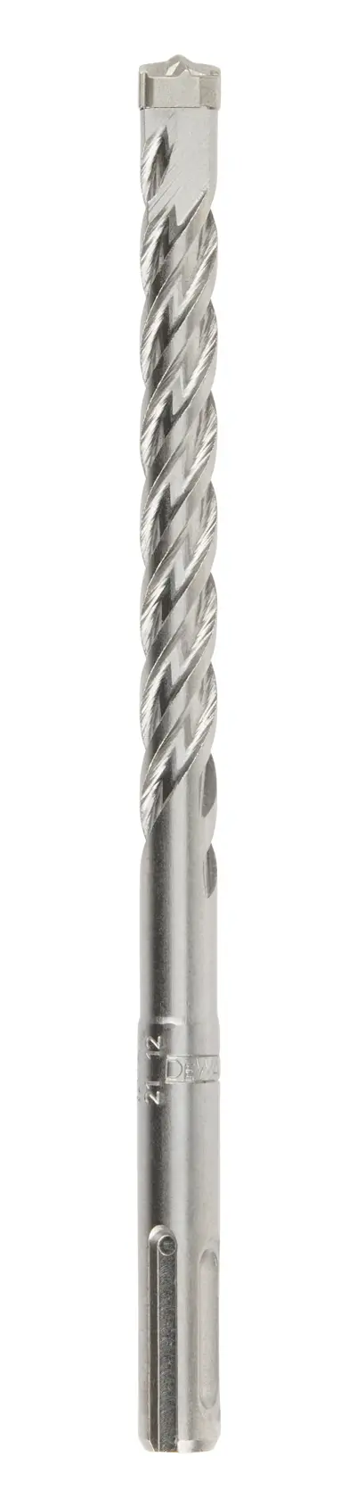 A silver DEWALT SDS masonry drill bit with spiral design shown vertically on a white background.