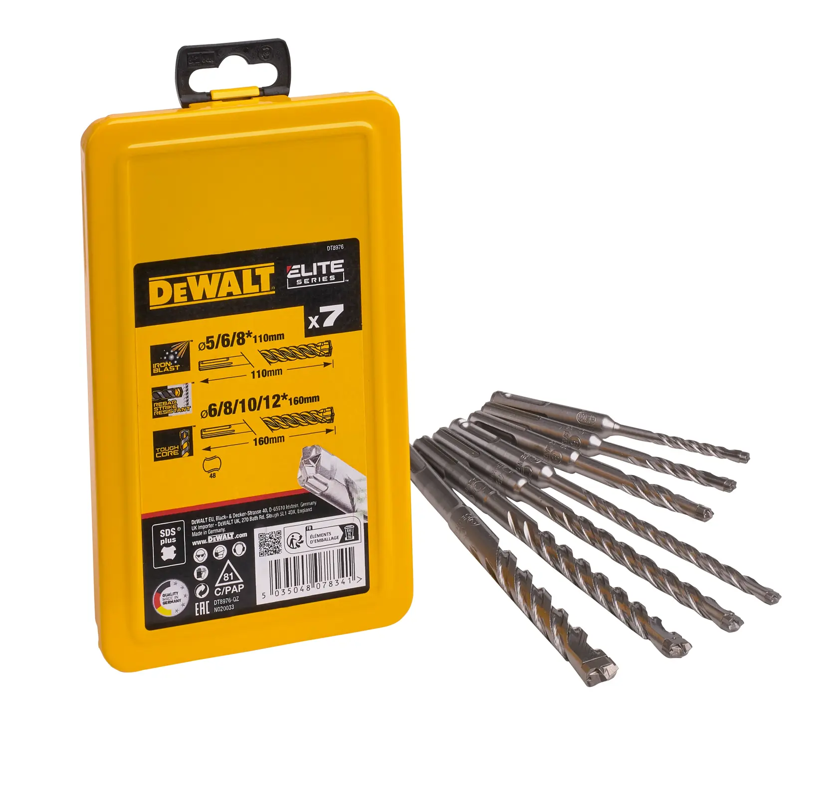 DEWALT Elite Series, yellow box with 7 metal drill bits arranged beside it, DT8976 SDS-plus set.