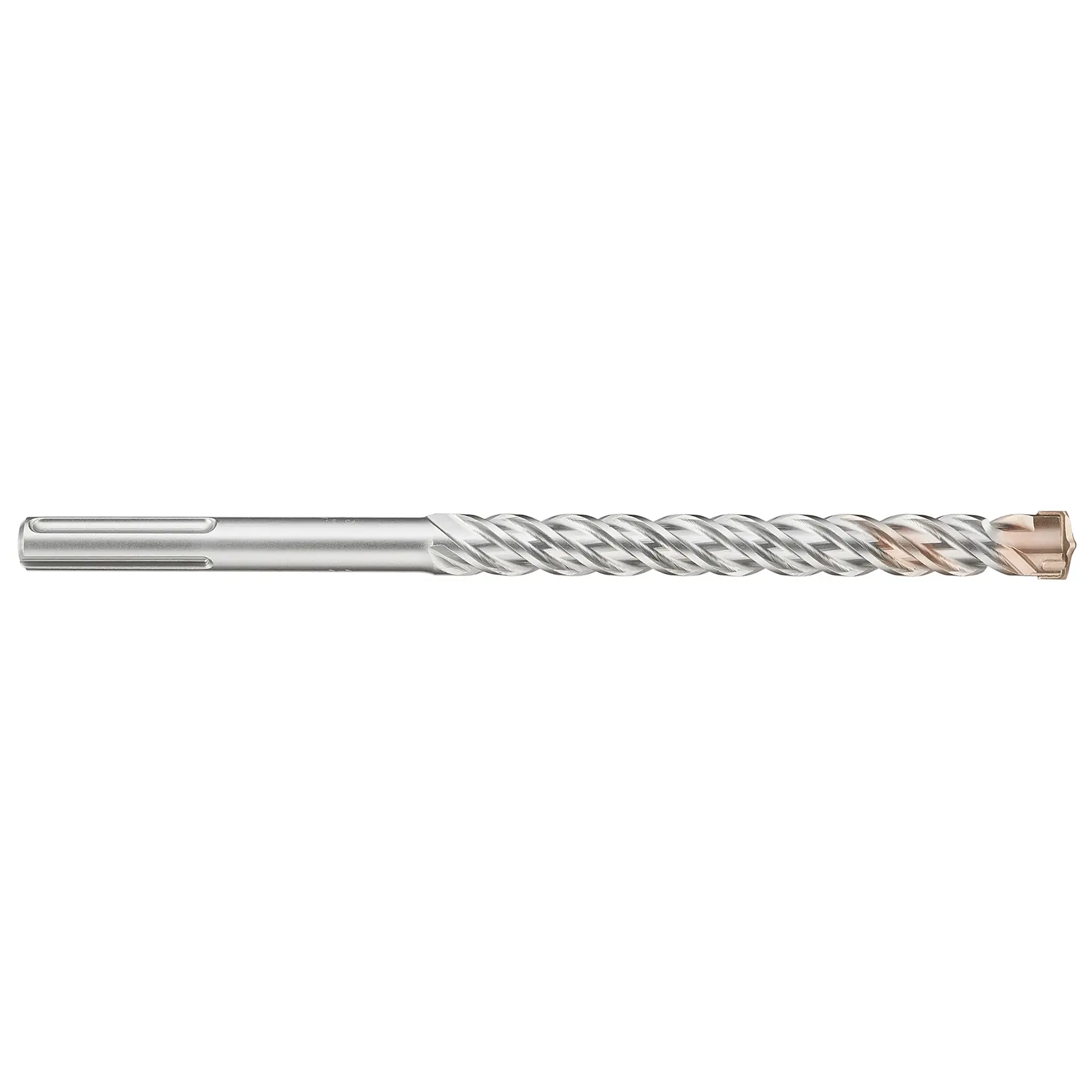 Silver DEWALT SDS drill bit with spiral body and copper tip, shown horizontally on a white background.