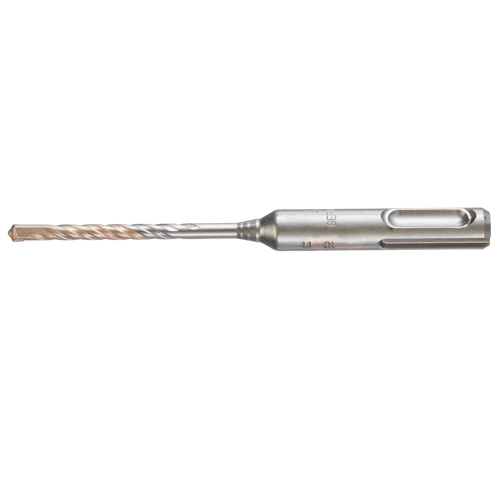 Metal DEWALT drill bit with spiral flutes and SDS shank, used for masonry drilling applications.