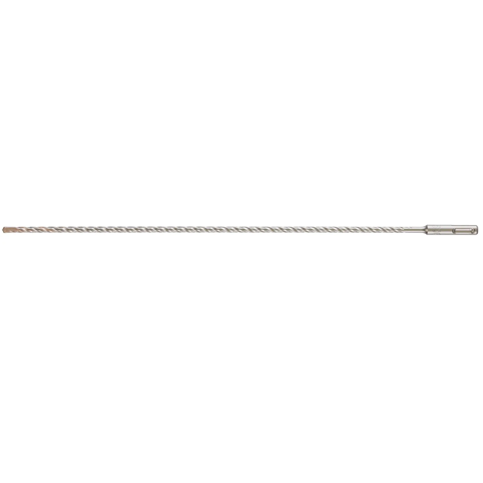 Long metal drill bit with spiral grooves, used for masonry or concrete drilling.