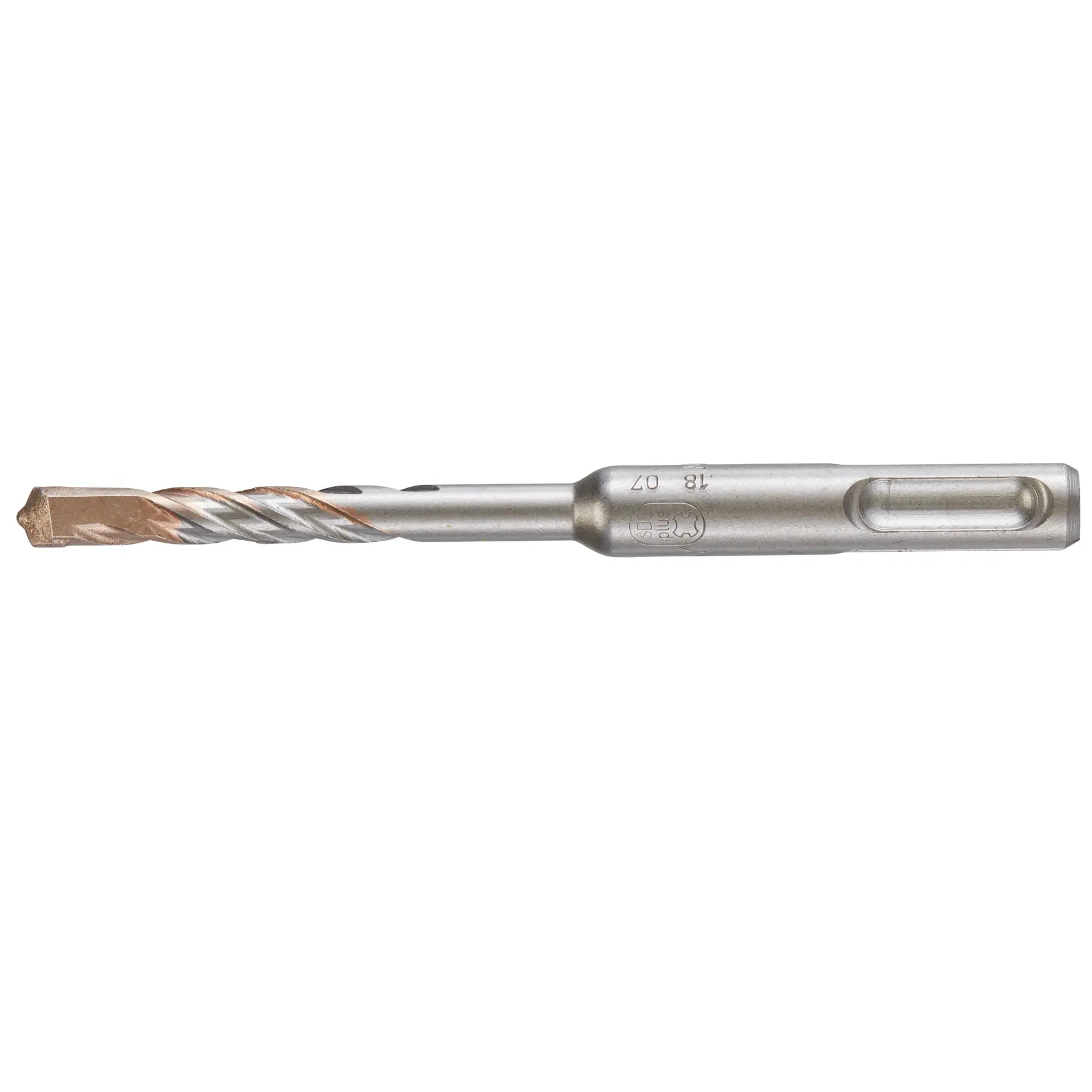 A DEWALT DT9519 metal masonry drill bit with fluted shaft and SDS-plus shank, used for heavy duty drilling.