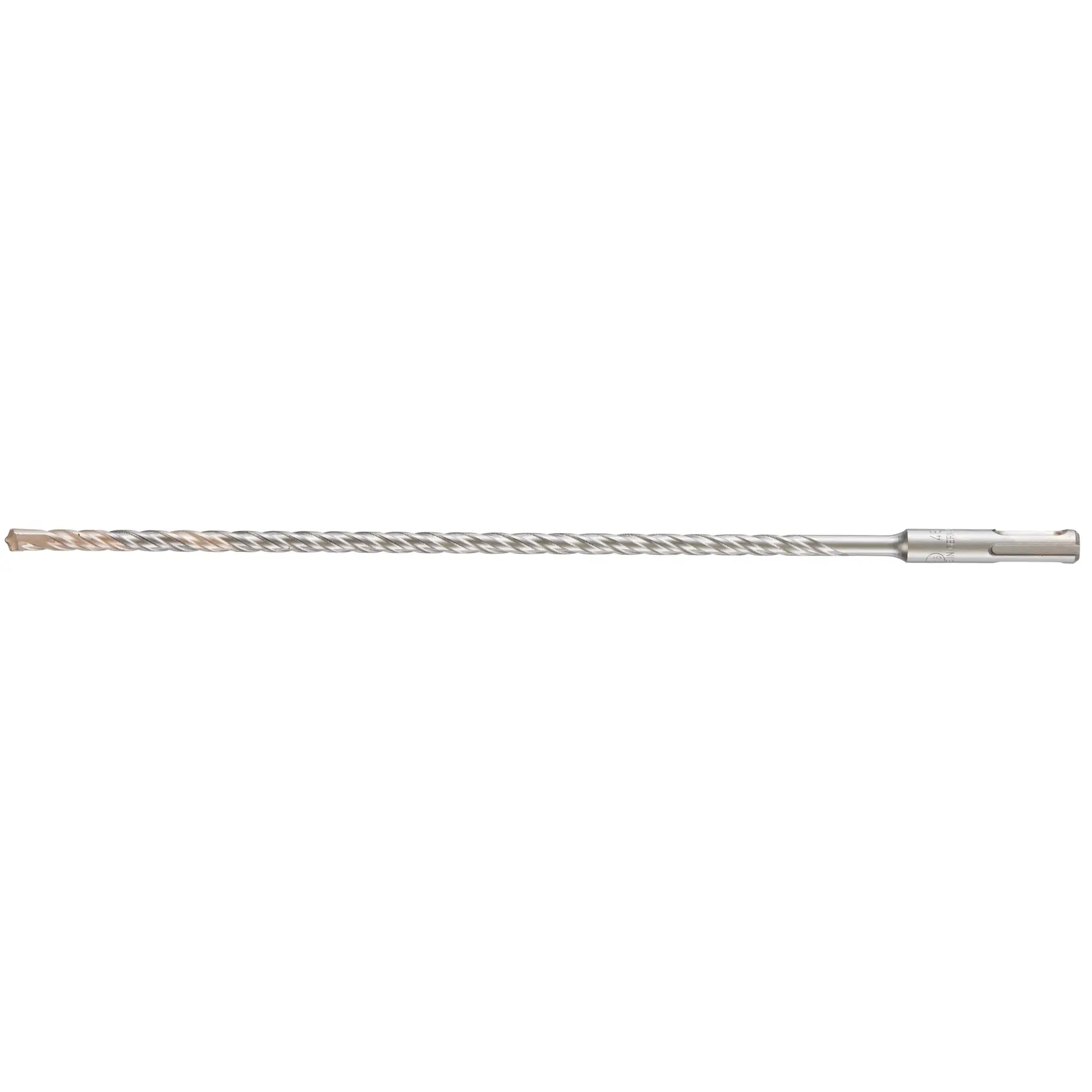 Long, silver DEWALT DT9523 masonry drill bit with spiral flutes for rotary drilling.
