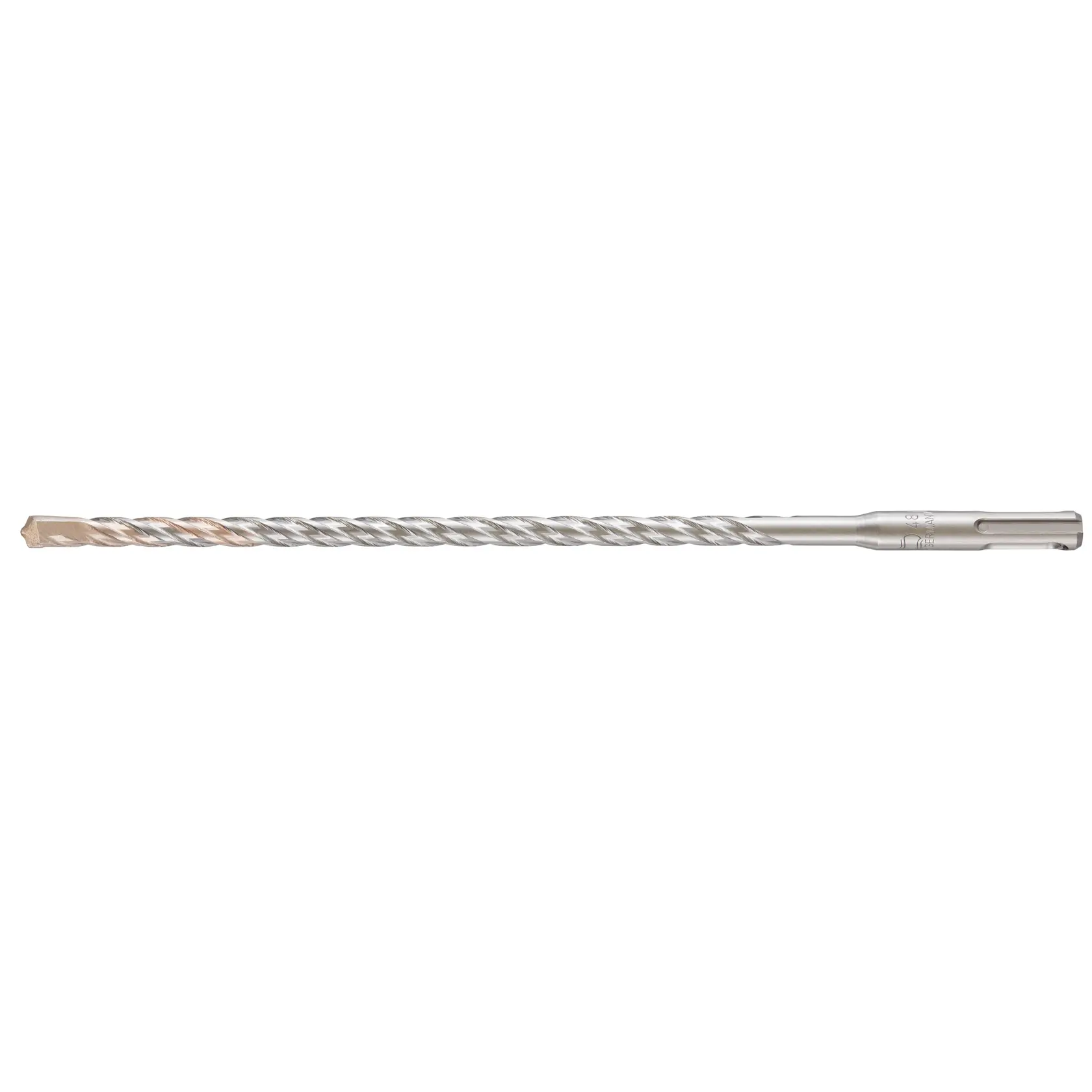 Long, silver masonry drill bit with spiral design, used for concrete or stone drilling tasks.