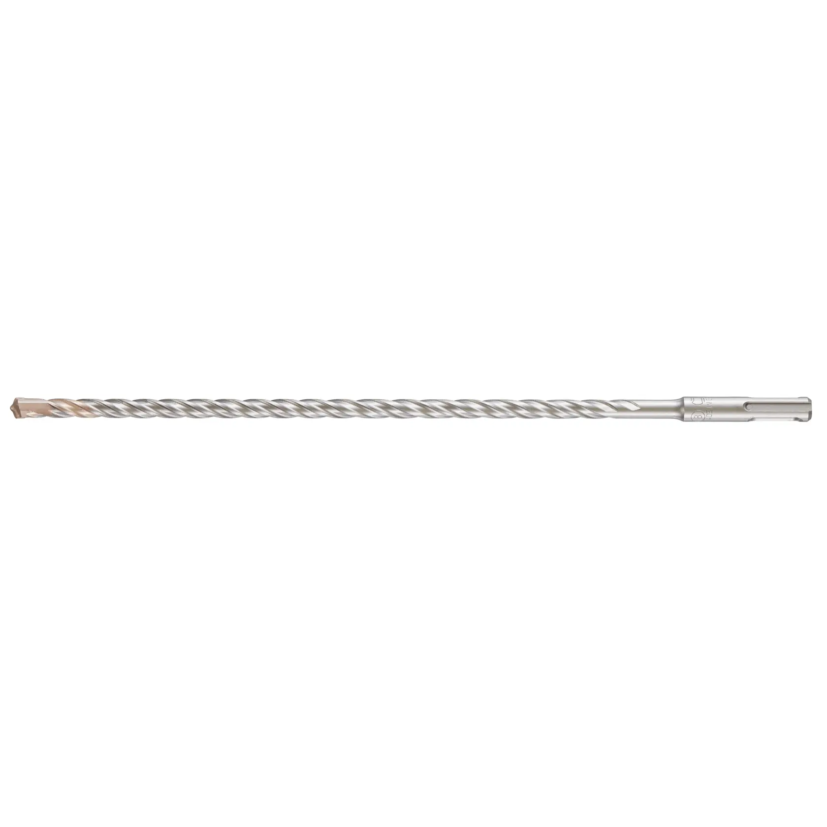 A long, silver masonry drill bit with a spiral design, shown on a plain white background.