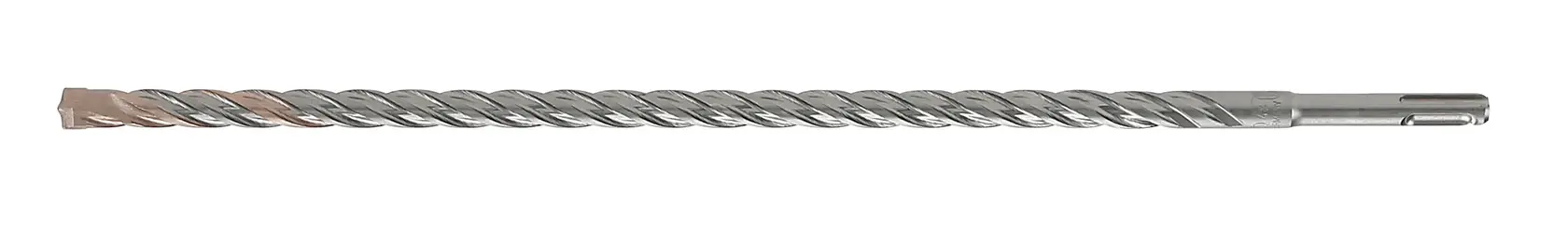 Long, metal SDS drill bit with spiral flutes for masonry drilling, photographed on a white background.