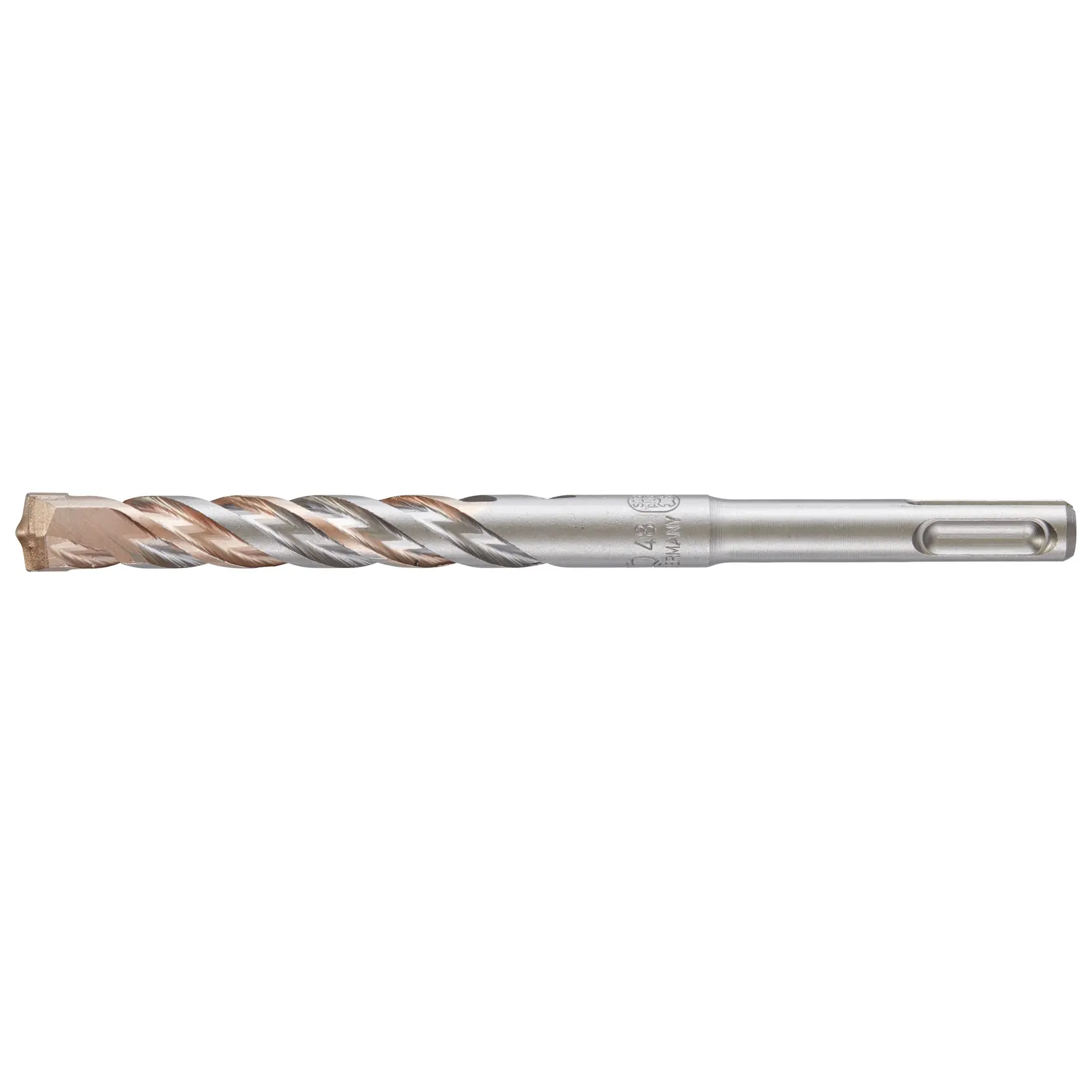 A DEWALT DT9552 metal drill bit with spiral flutes and a reinforced tip, used for drilling materials.
