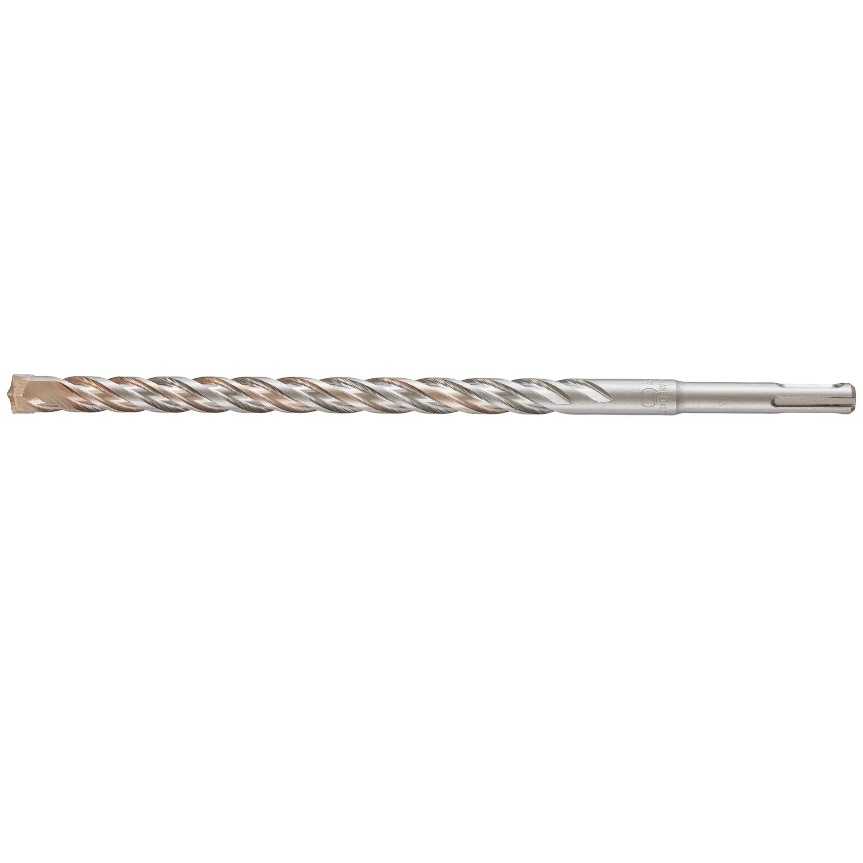 A metal SDS hammer drill bit with spiral fluting, photographed on a white background.