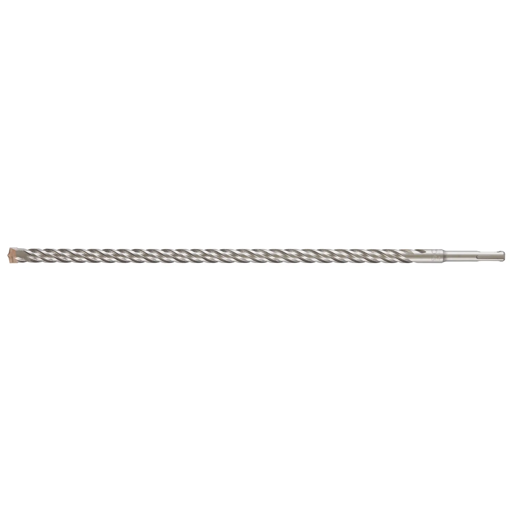 Long metal masonry drill bit with spiral grooves and SDS shank for use with rotary hammer drills.