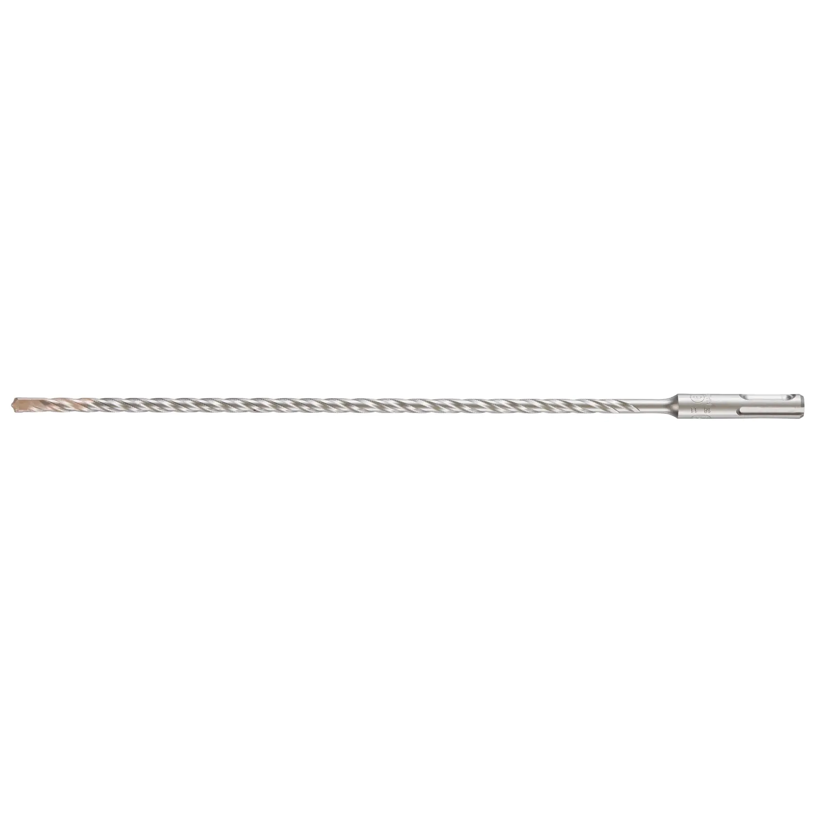 Long, silver DEWALT SDS drill bit with spiral fluting, designed for masonry drilling and construction tasks.