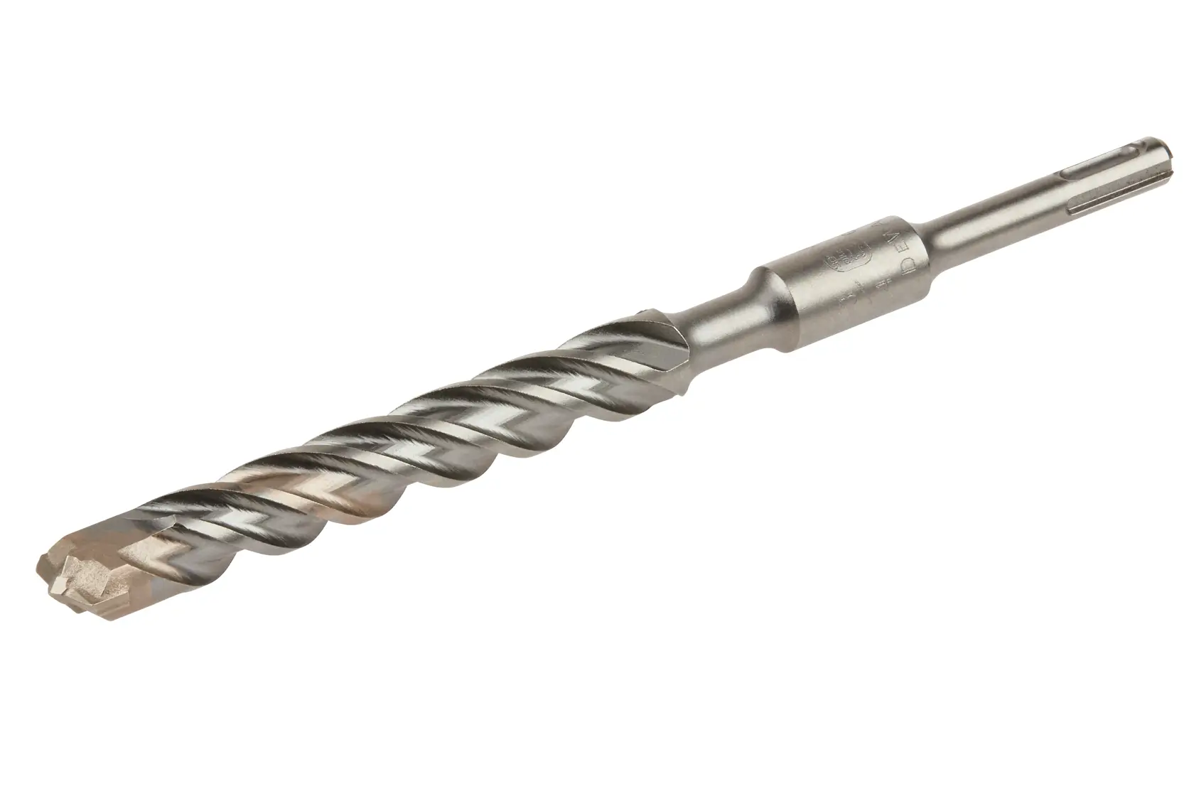 A close-up photo of a DEWALT SDS Plus masonry drill bit, featuring a spiral flute design and carbide tip for drilling into concrete or stone.