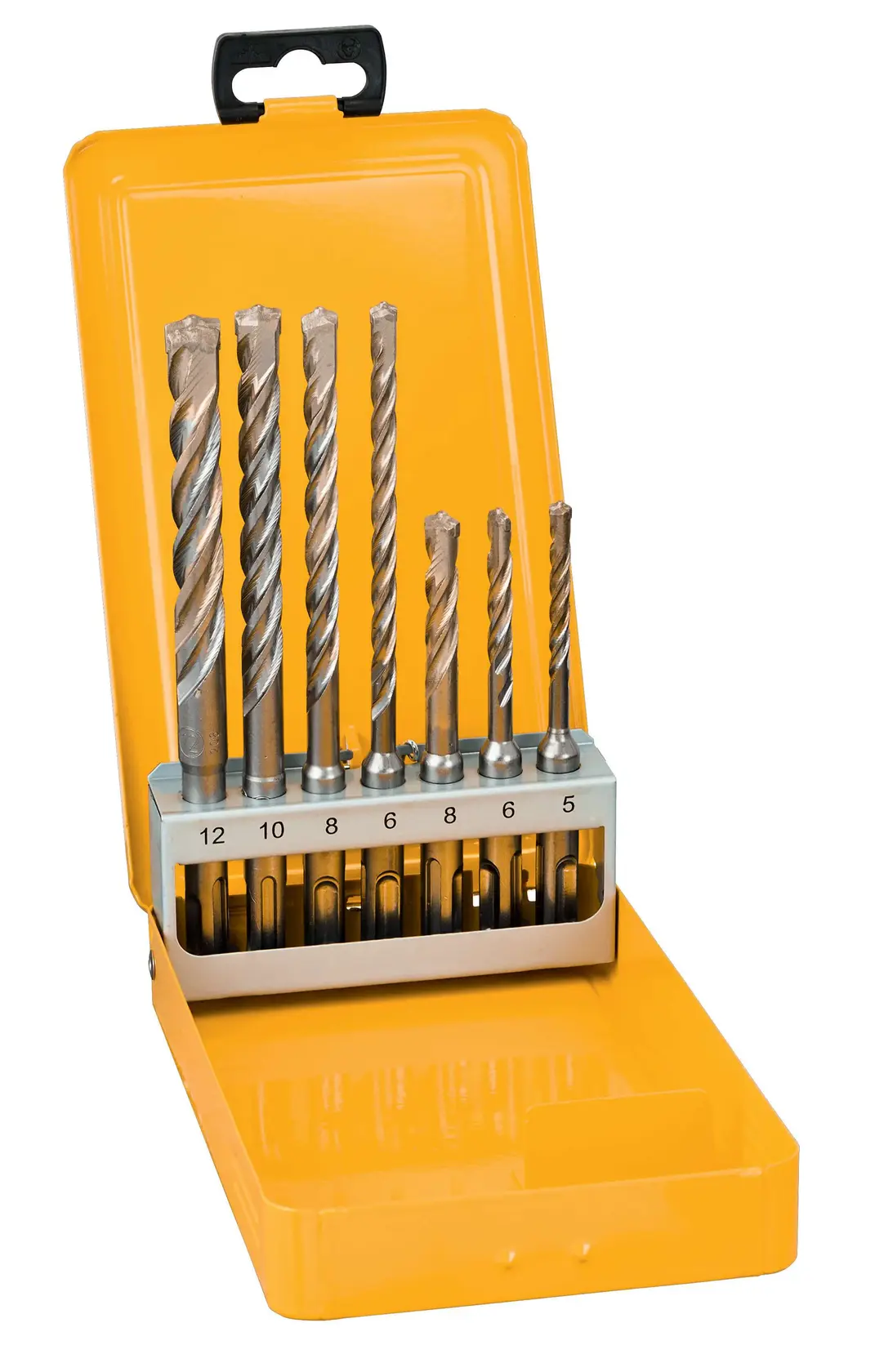 Yellow box containing a set of metal DEWALT drill bits in various sizes arranged upright.