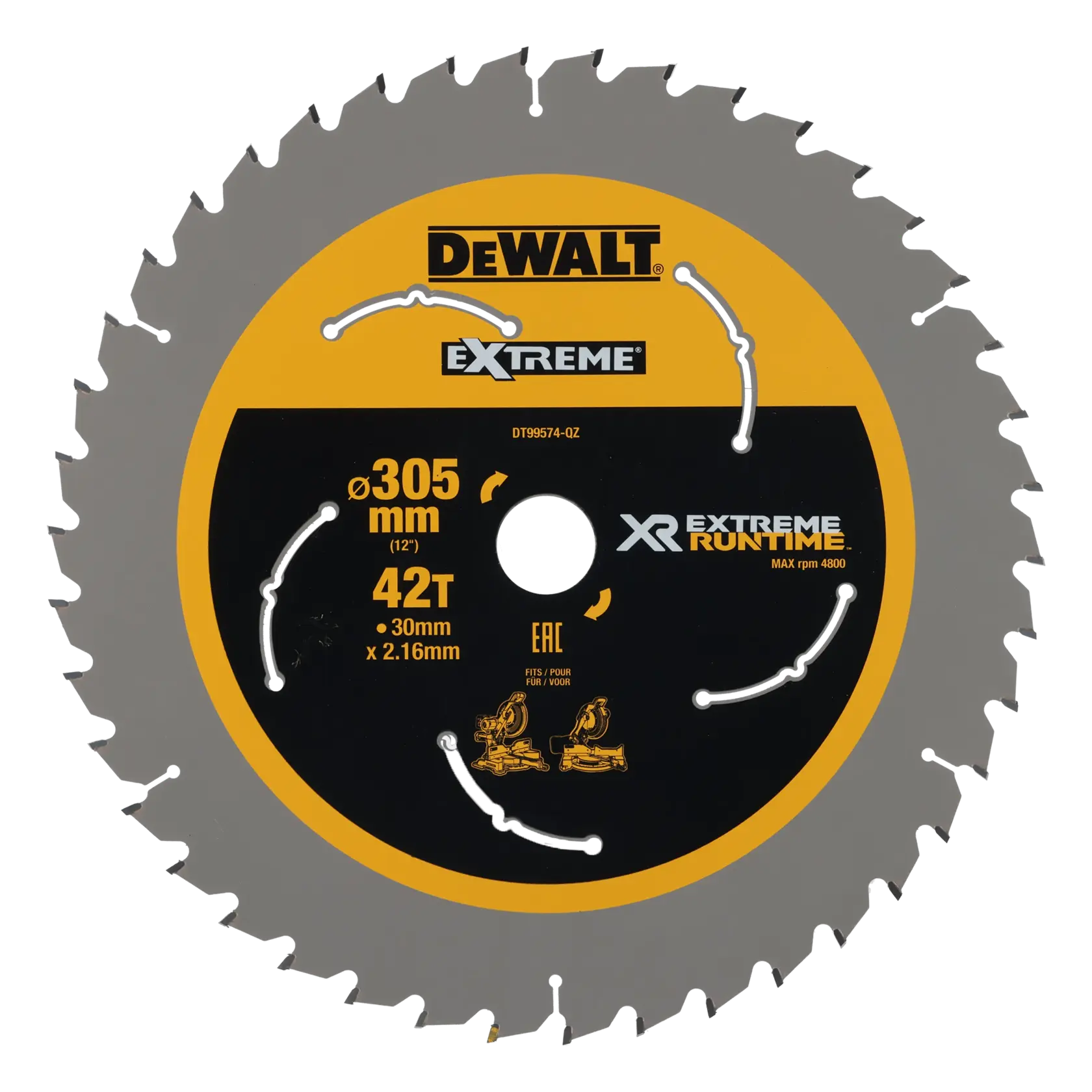 DEWALT DT99574 Extreme circular saw blade with 305mm diameter, 42 teeth, and XR Extreme Runtime branding. The blade is silver and black with yellow details, featuring specifications and compatibility icons for woodworking machines.