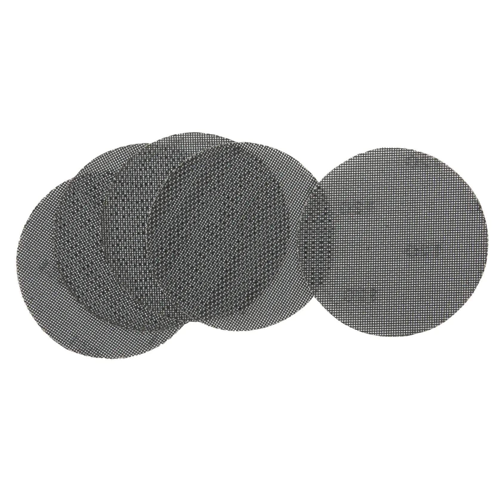 Five round mesh sanding sheets overlapping, shown on a white background.