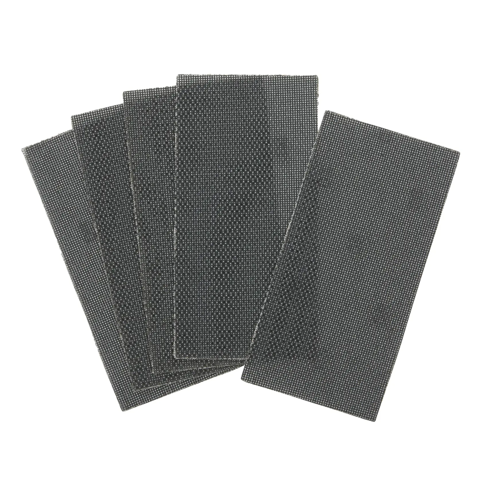 Five rectangular mesh sanding sheets stacked and fanned out against a white background.
