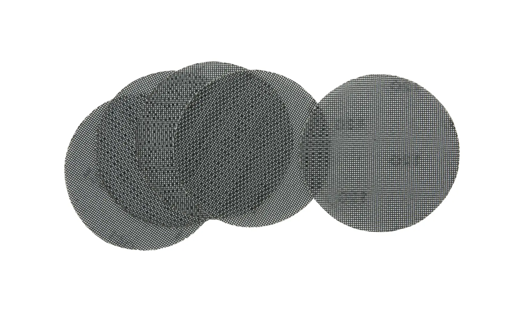 Stack of DEWALT DTM8556 circular mesh sanding discs on a white background.
