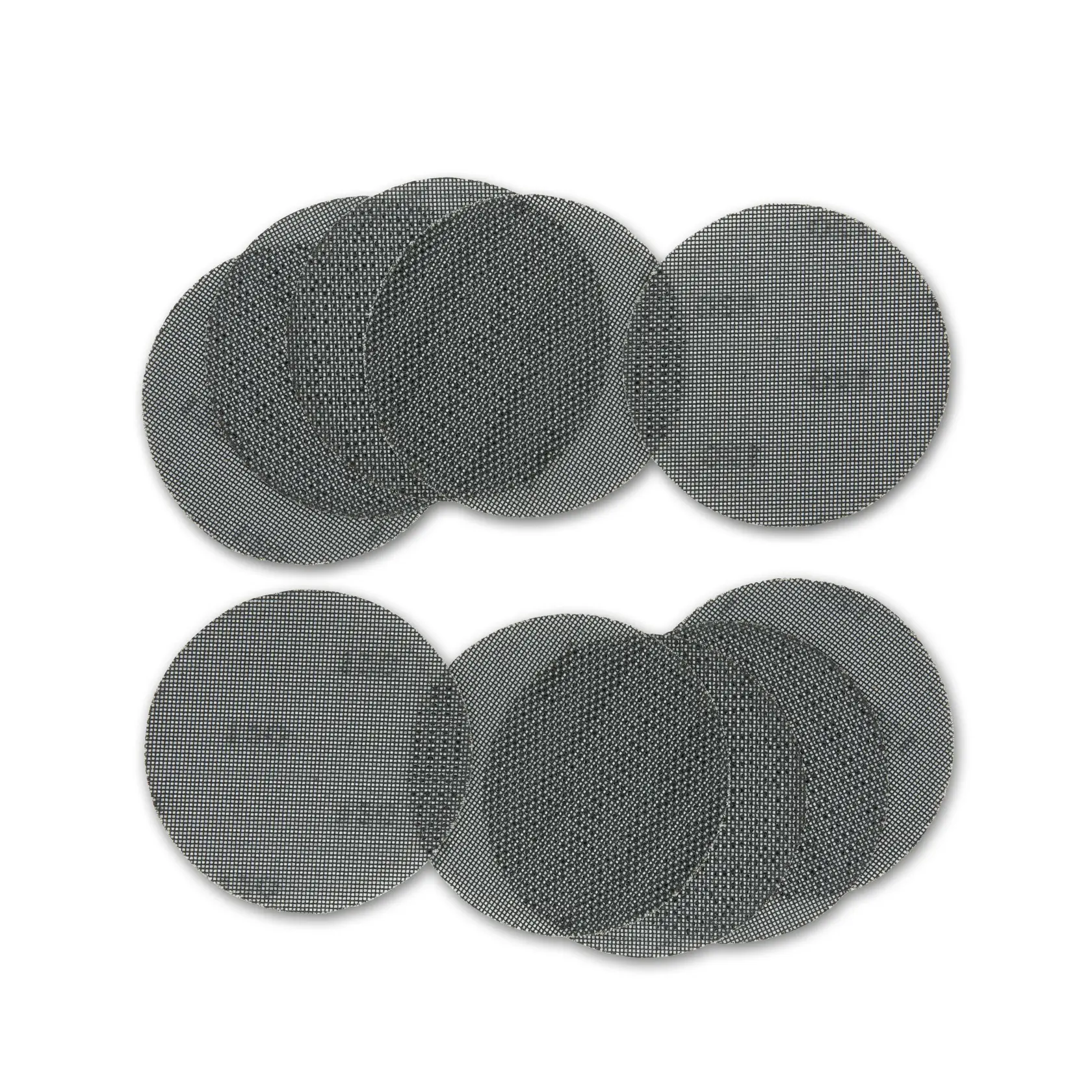 Set of round mesh sanding discs, arranged in two groups, shown on a white background.