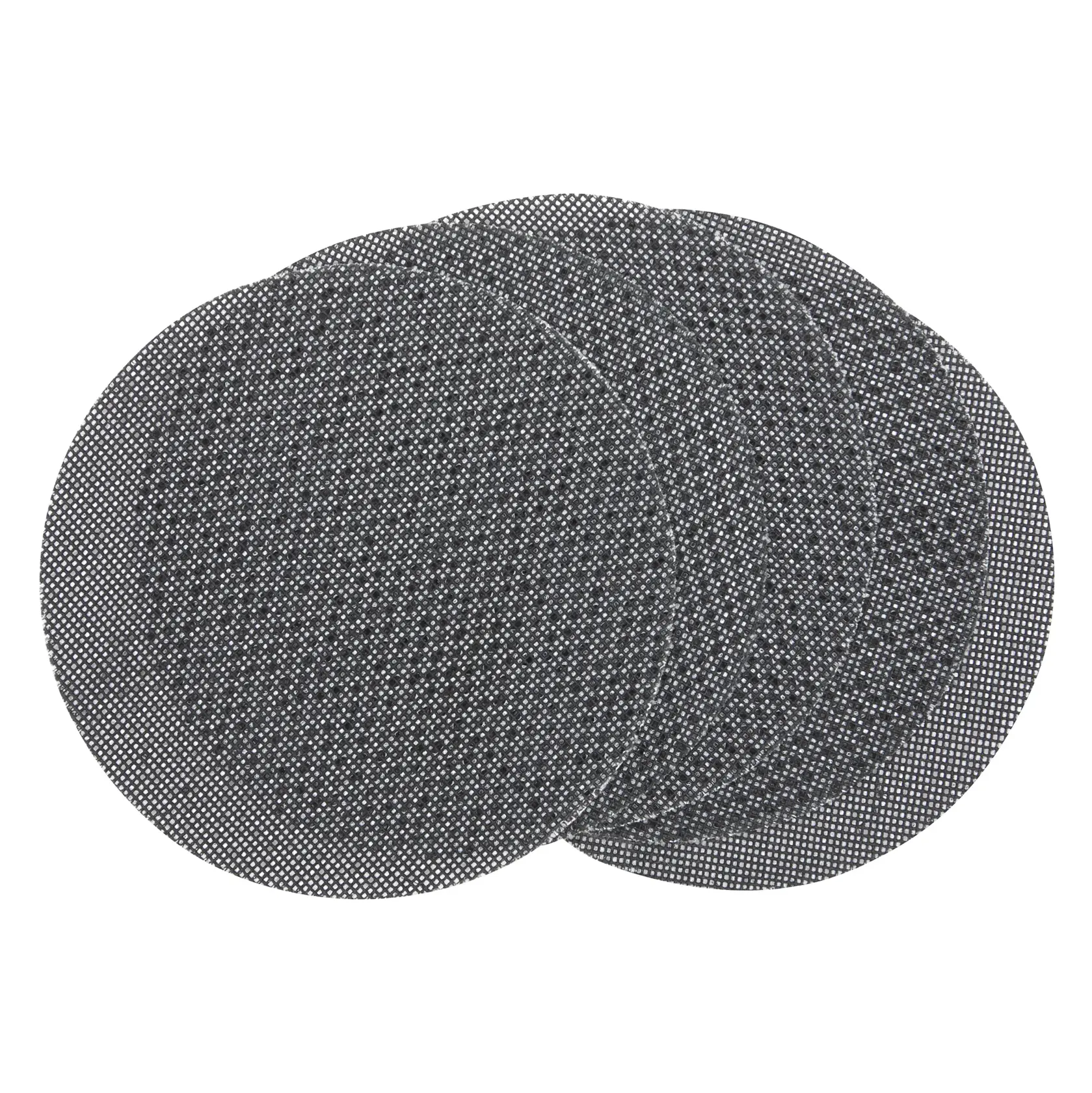 Four round mesh sanding sheets arranged overlapping each other, showing their textured surfaces.
