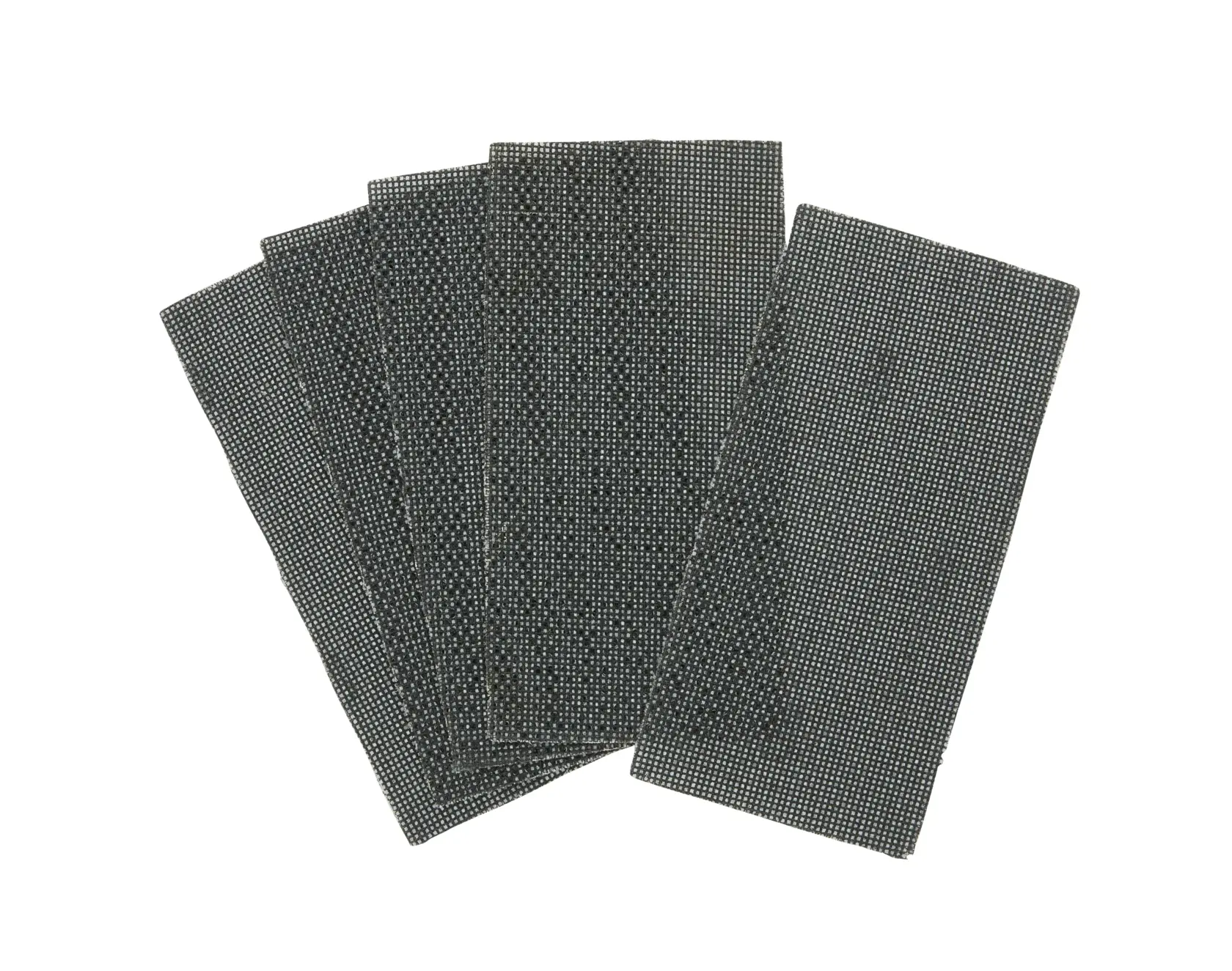 A set of six rectangular DEWALT sanding sheets with mesh texture, fanned out on a white background.