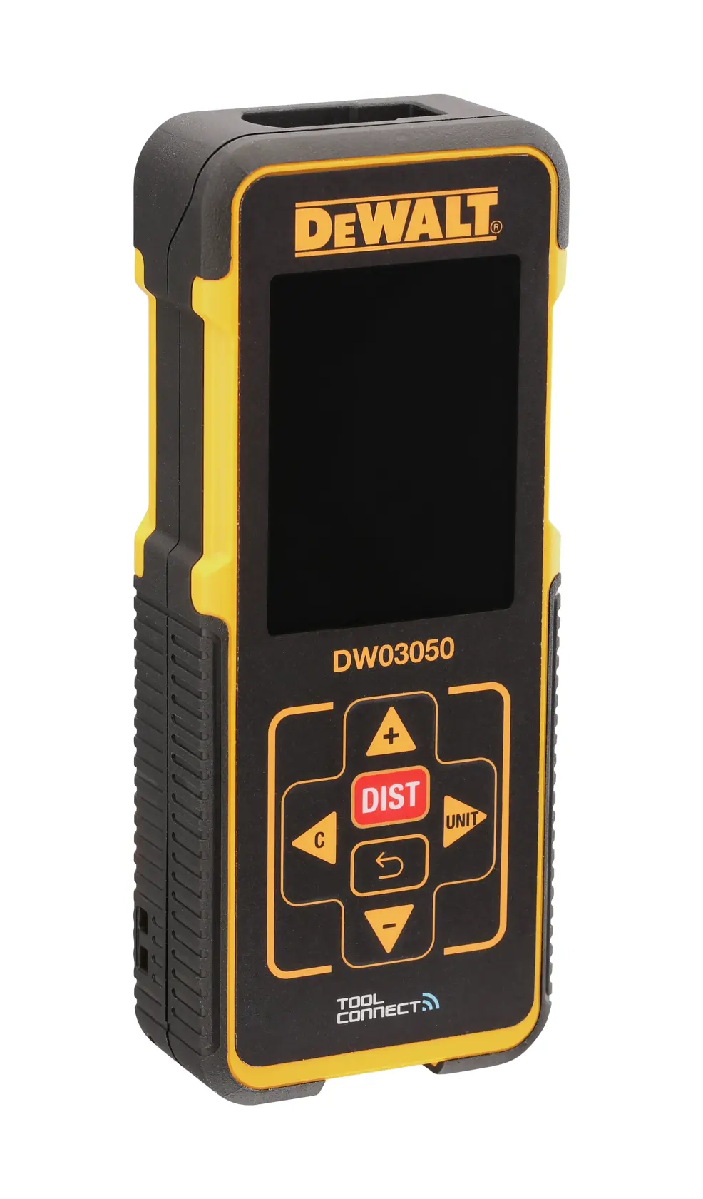 DEWALT DW03050 laser distance measurer with display and buttons, black and yellow, shown upright.
