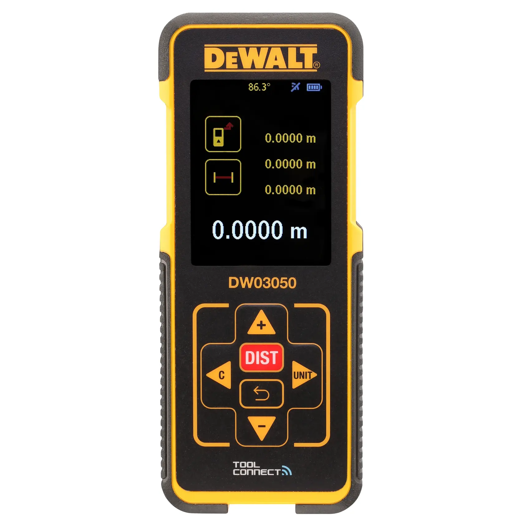 DEWALT DW03050 digital laser distance measurer with display and control buttons, shown front view.