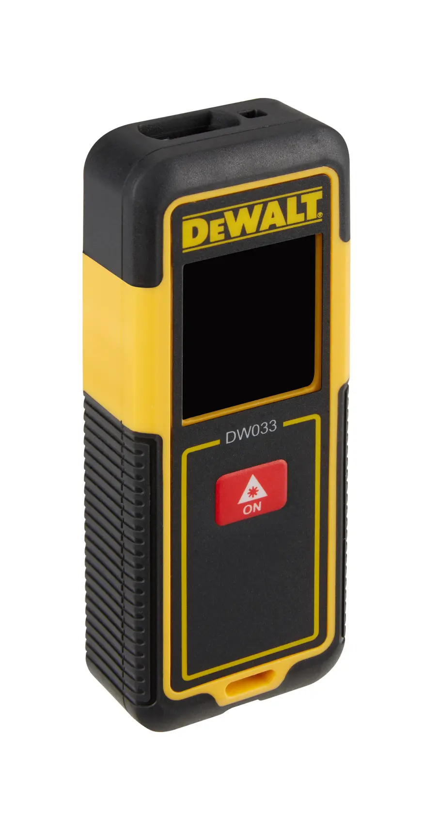 A DEWALT DW033 laser distance measurer in yellow and black, with a digital screen and a red 'ON' button on the front.