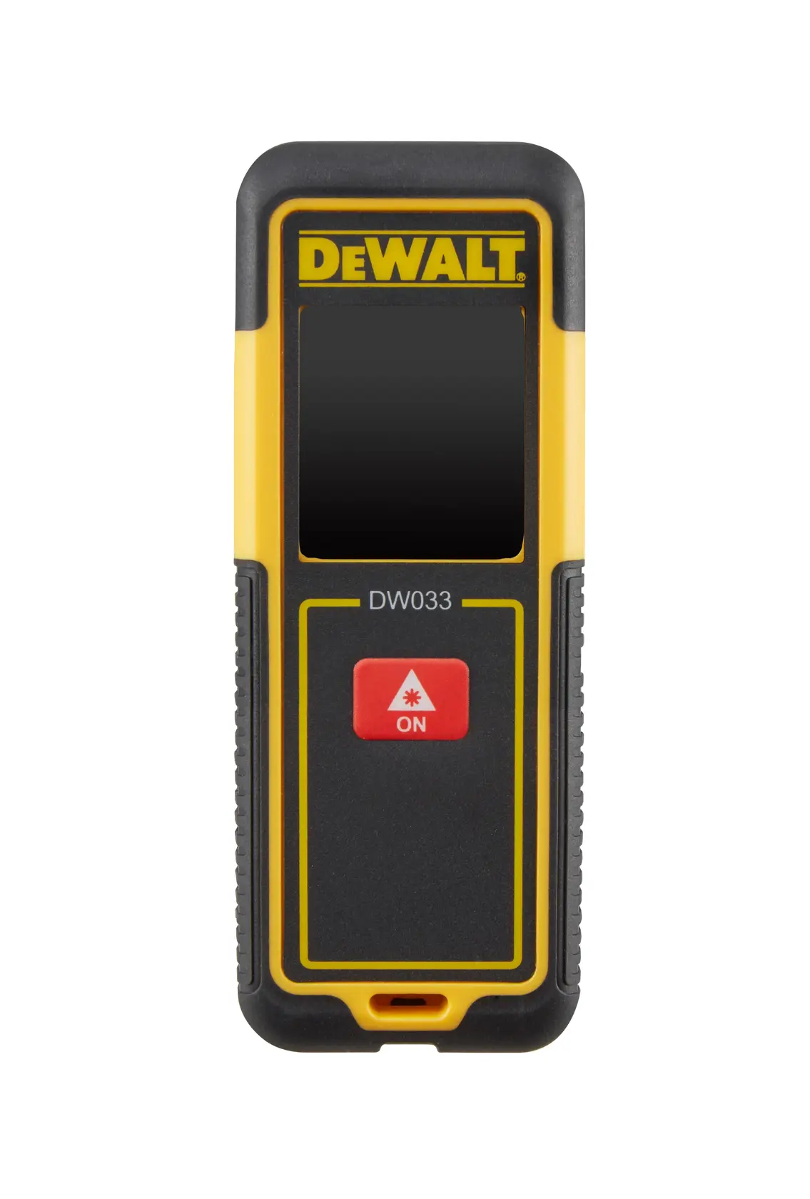 Front view of a DEWALT DW033 laser distance measurer, featuring a black and yellow casing, a display screen, and a red button labeled 'ON' with a laser icon.