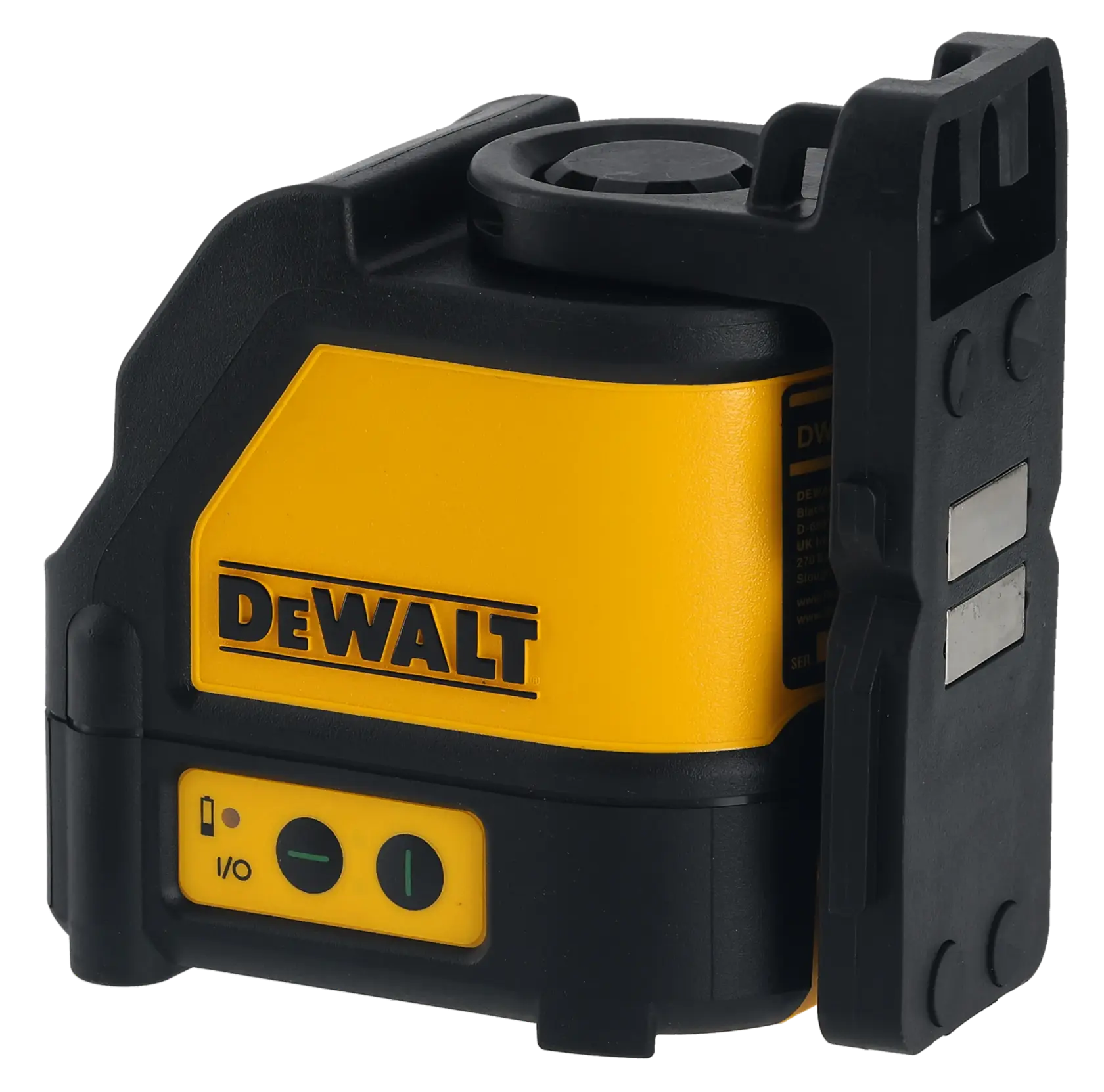DEWALT yellow and black laser level tool with buttons and magnets, used for alignment in photography and construction.