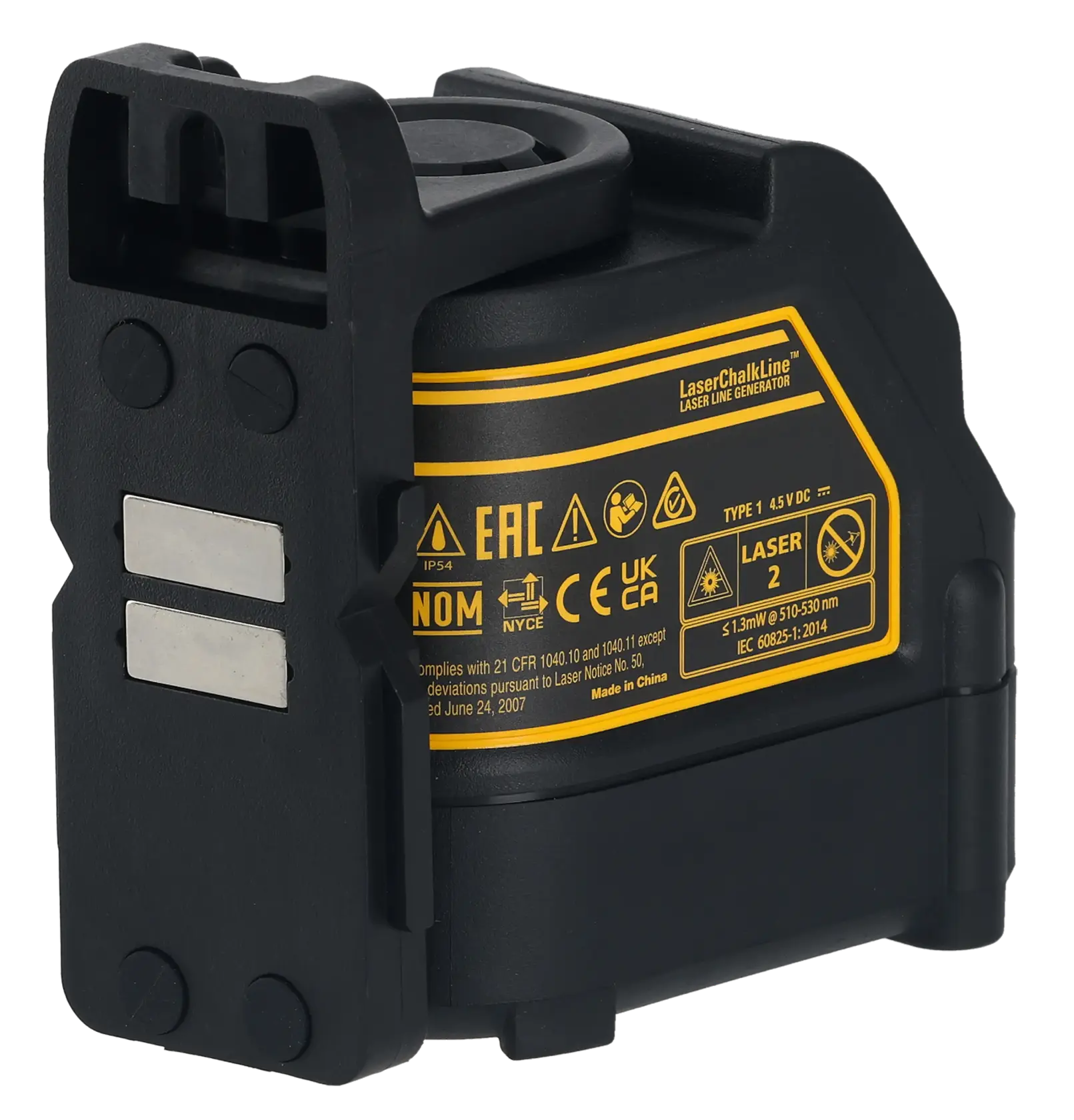 DEWALT black and yellow laser line generator for precise measurement, with warning labels and mounting bracket.