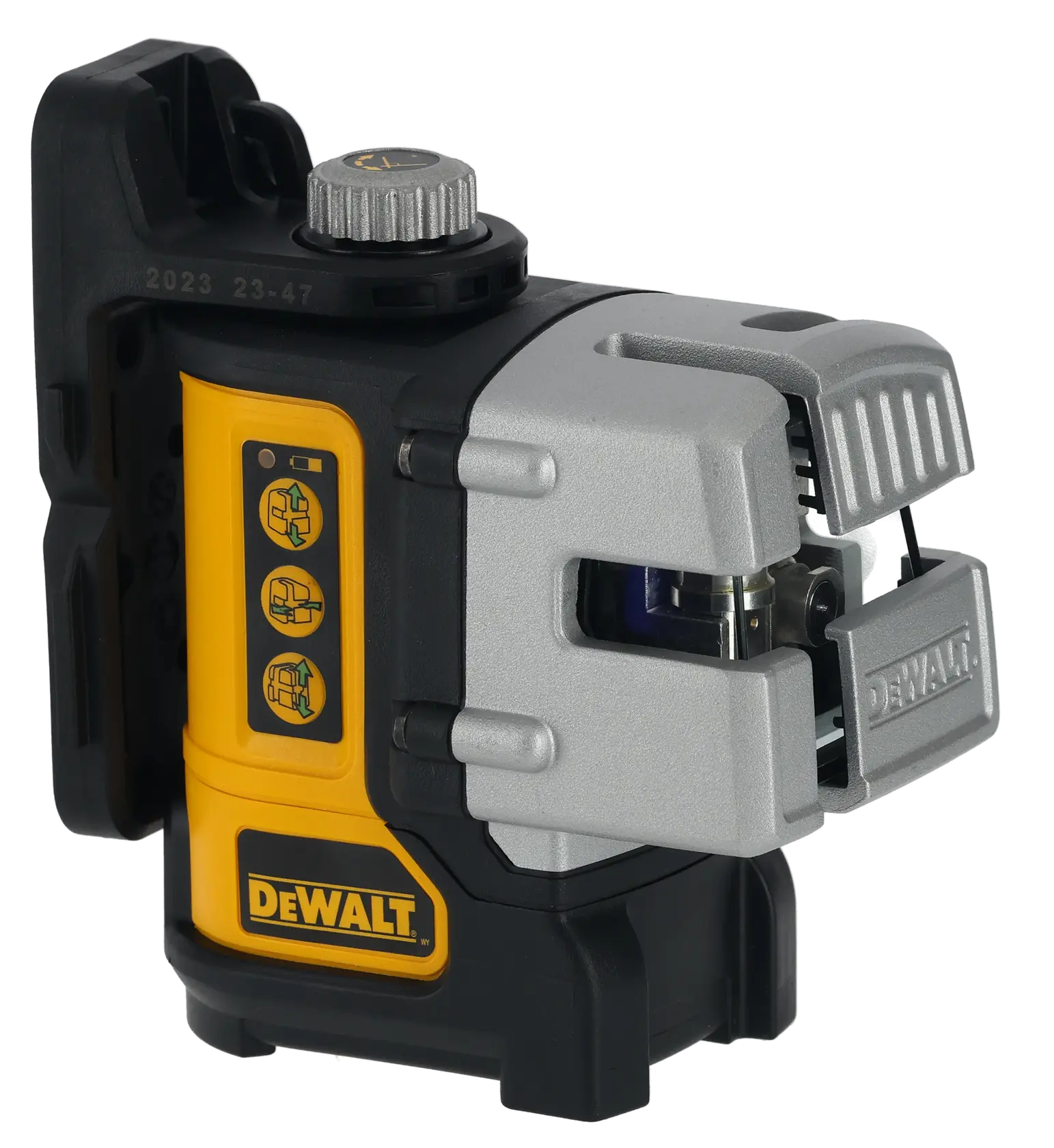 DEWALT DW089CG green cross line laser with black and yellow housing, used for leveling in photography or construction.