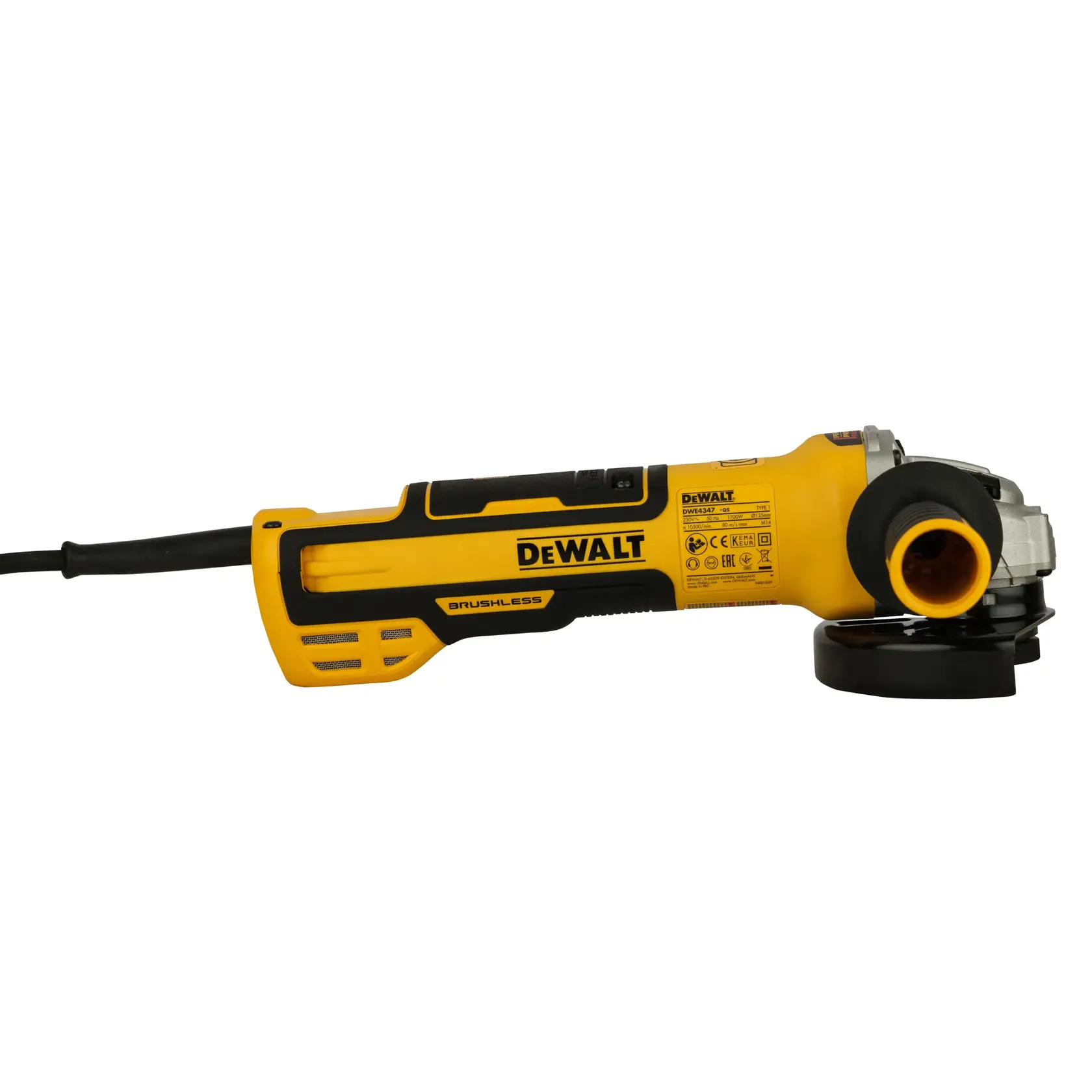 DEWALT DWE4347 brushless yellow angle grinder with side handle and power cord, shown on white background.