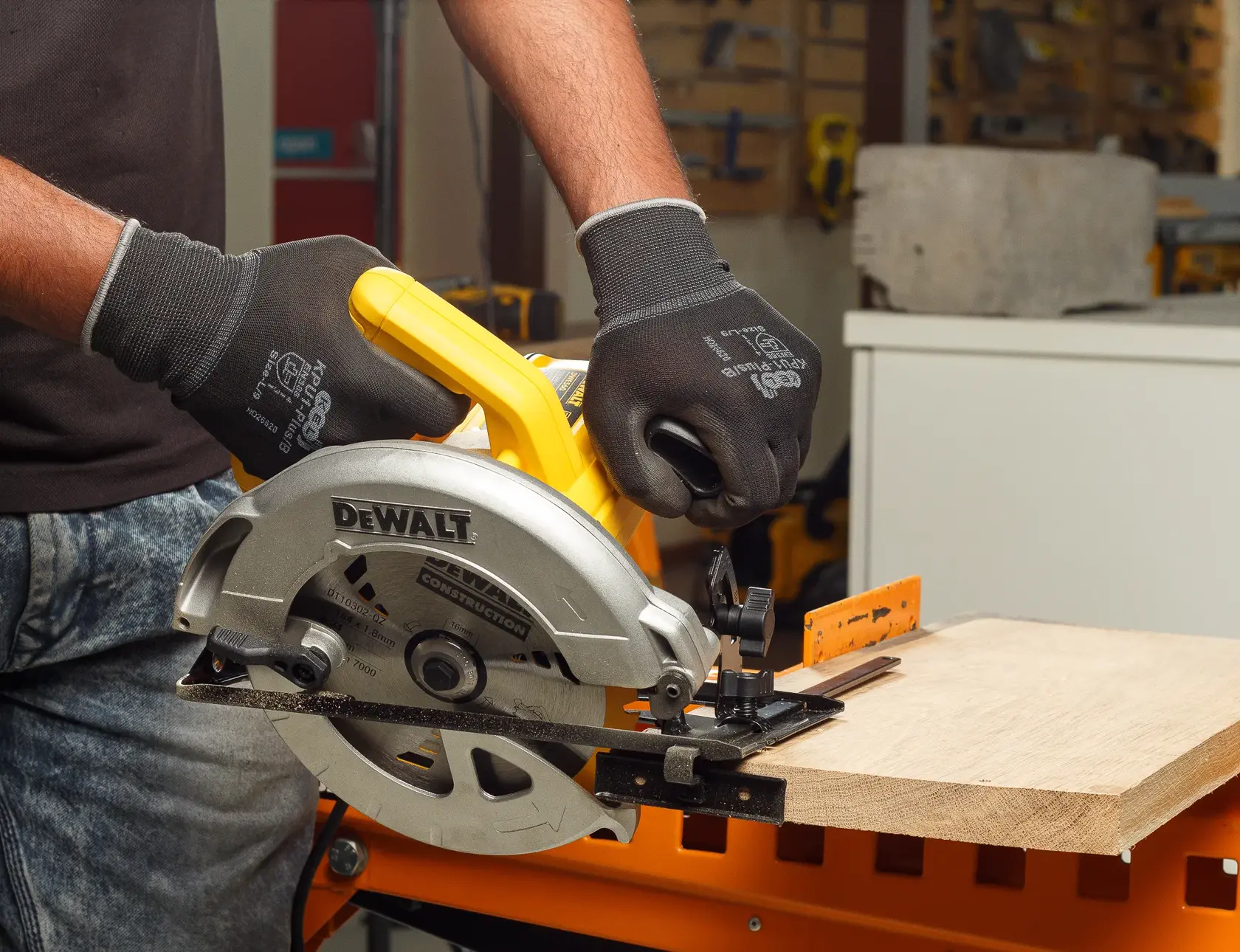 DEWALT saw in use on wood. SKUs: DT10302-QZ, DT10302. Photography category.