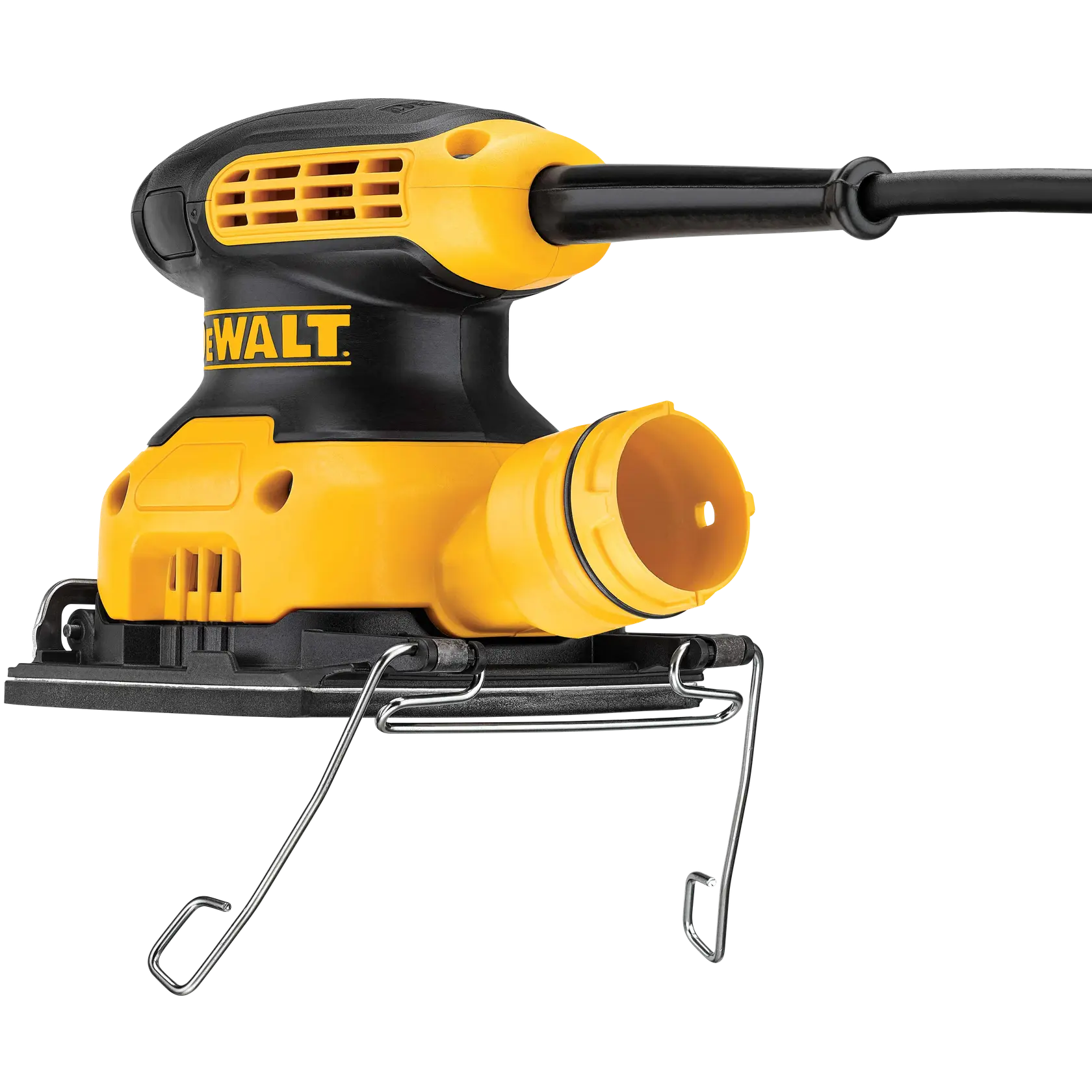Close-up view of a DEWALT electric hand sander with a yellow and black body, dust port, and attached cord. The sander is positioned with metal clips visible at the base.