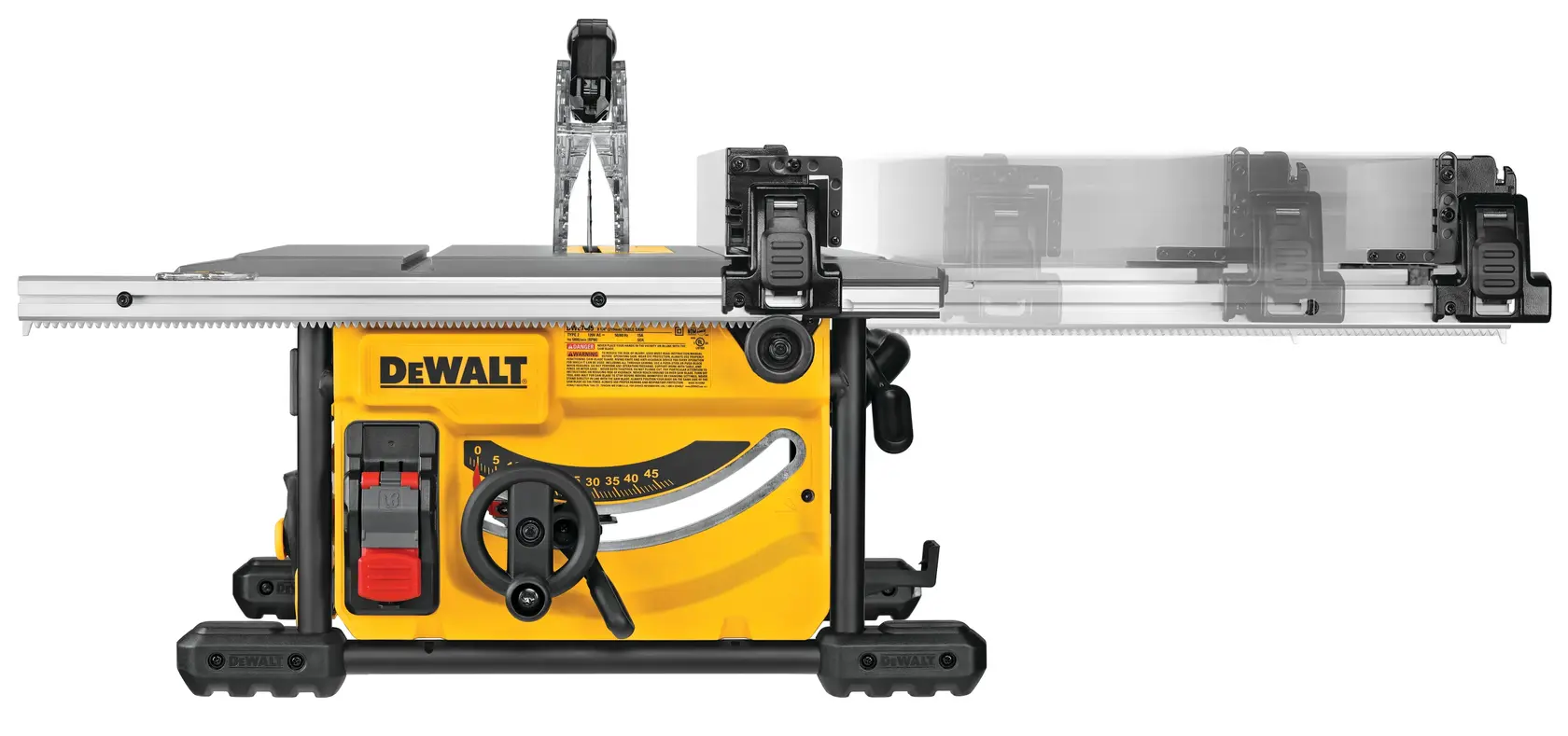 A DEWALT yellow and black portable table saw with adjustable fence, control knobs, and safety features, viewed from the side.