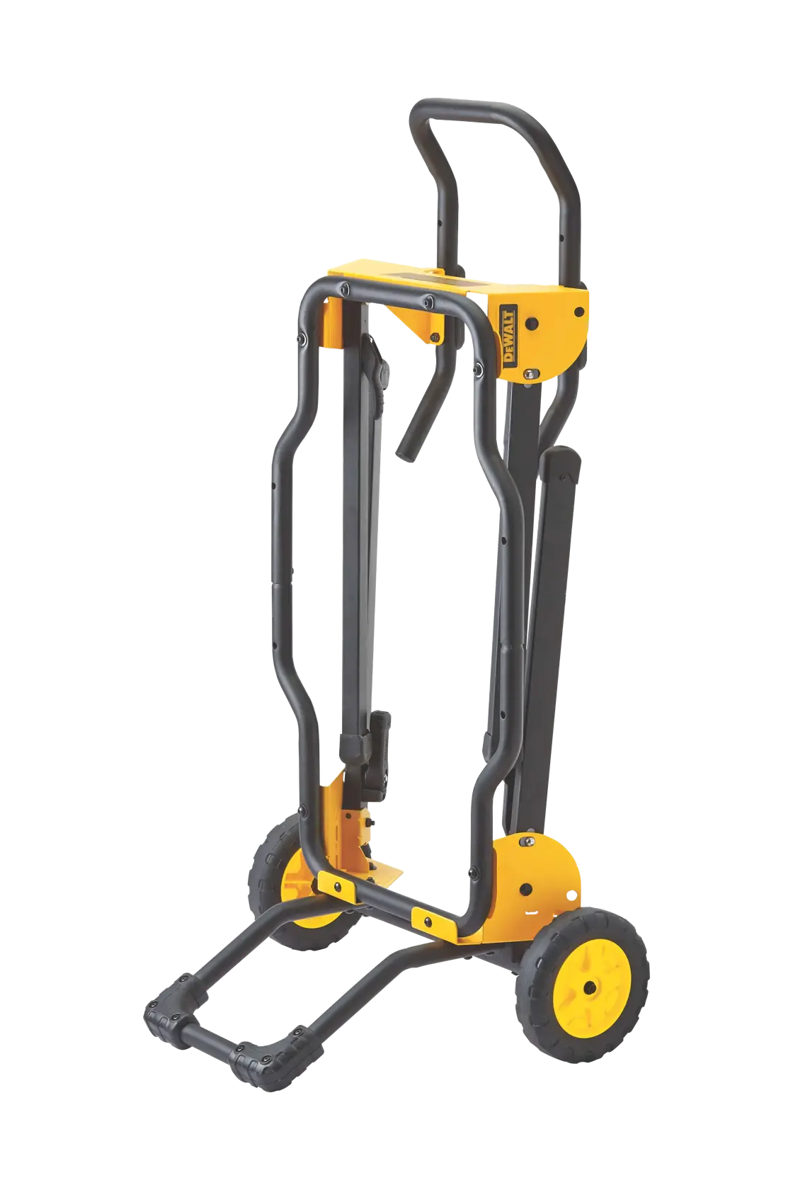 A portable folding rolling stand with yellow and black accents, featuring two large wheels and a handle, designed for easy transport and support of heavy tools.