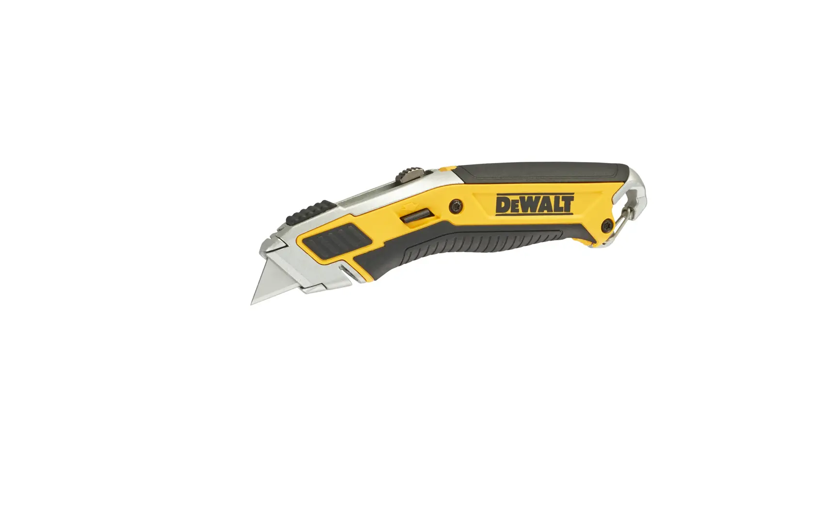 DEWALT utility knife with retractable blade and ergonomic yellow-black handle, shown on a white background.