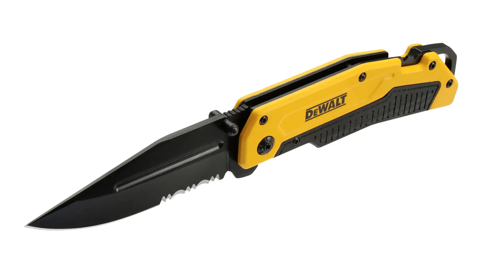 Yellow and black DEWALT folding pocket knife with partially serrated blade, shown open.