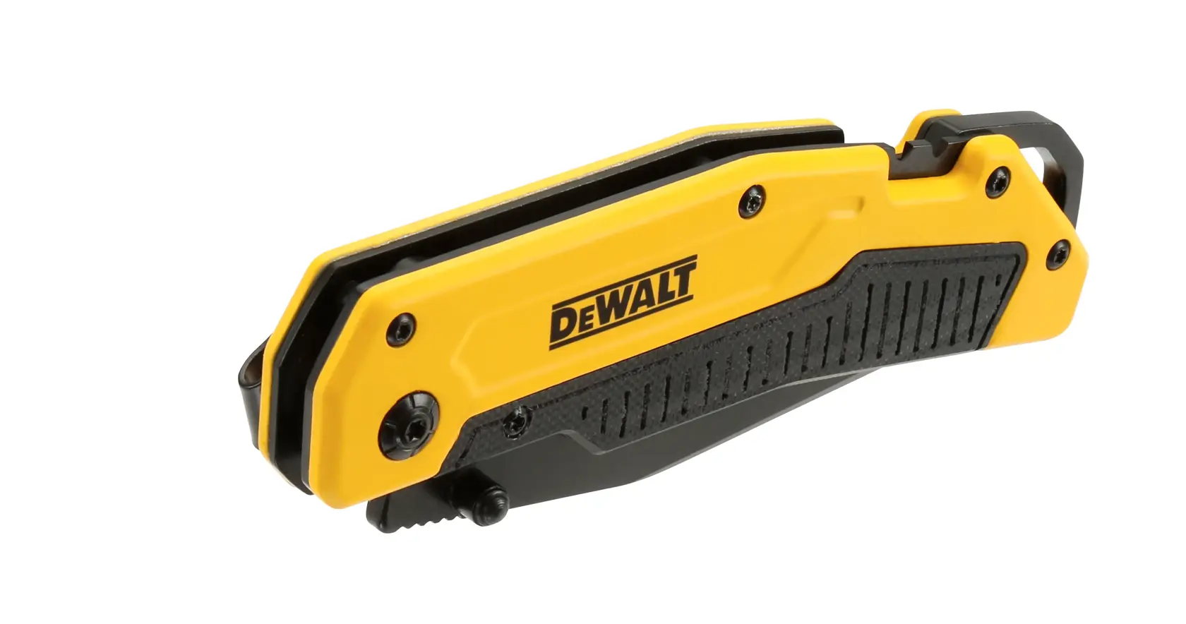 Closed DEWALT folding utility knife with yellow and black handle, shown on a white background.