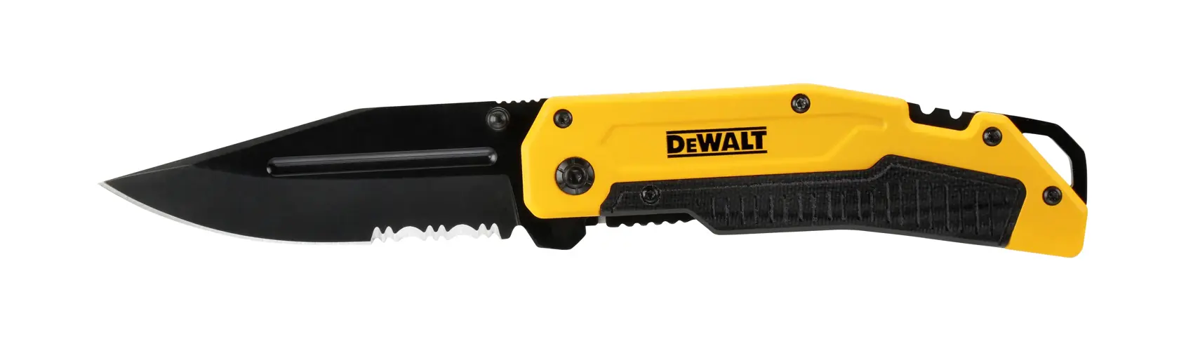 DEWALT folding pocket knife with black serrated blade and yellow handle, shown on white background.