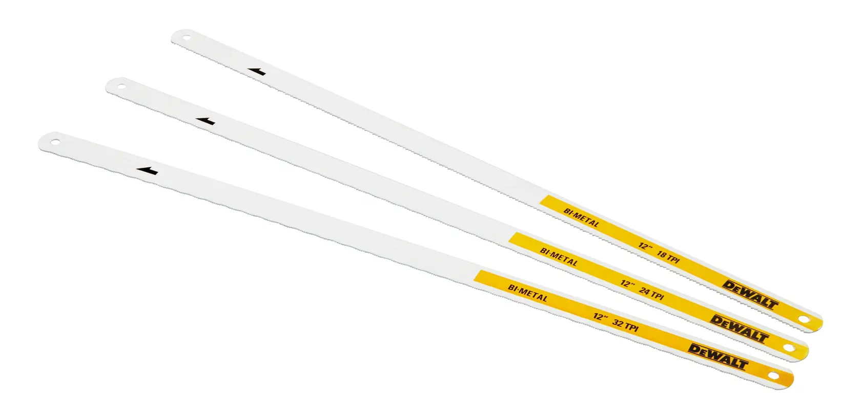 Three DEWALT bi-metal saw blades, 12 inch, yellow and white, shown side by side on a white background.