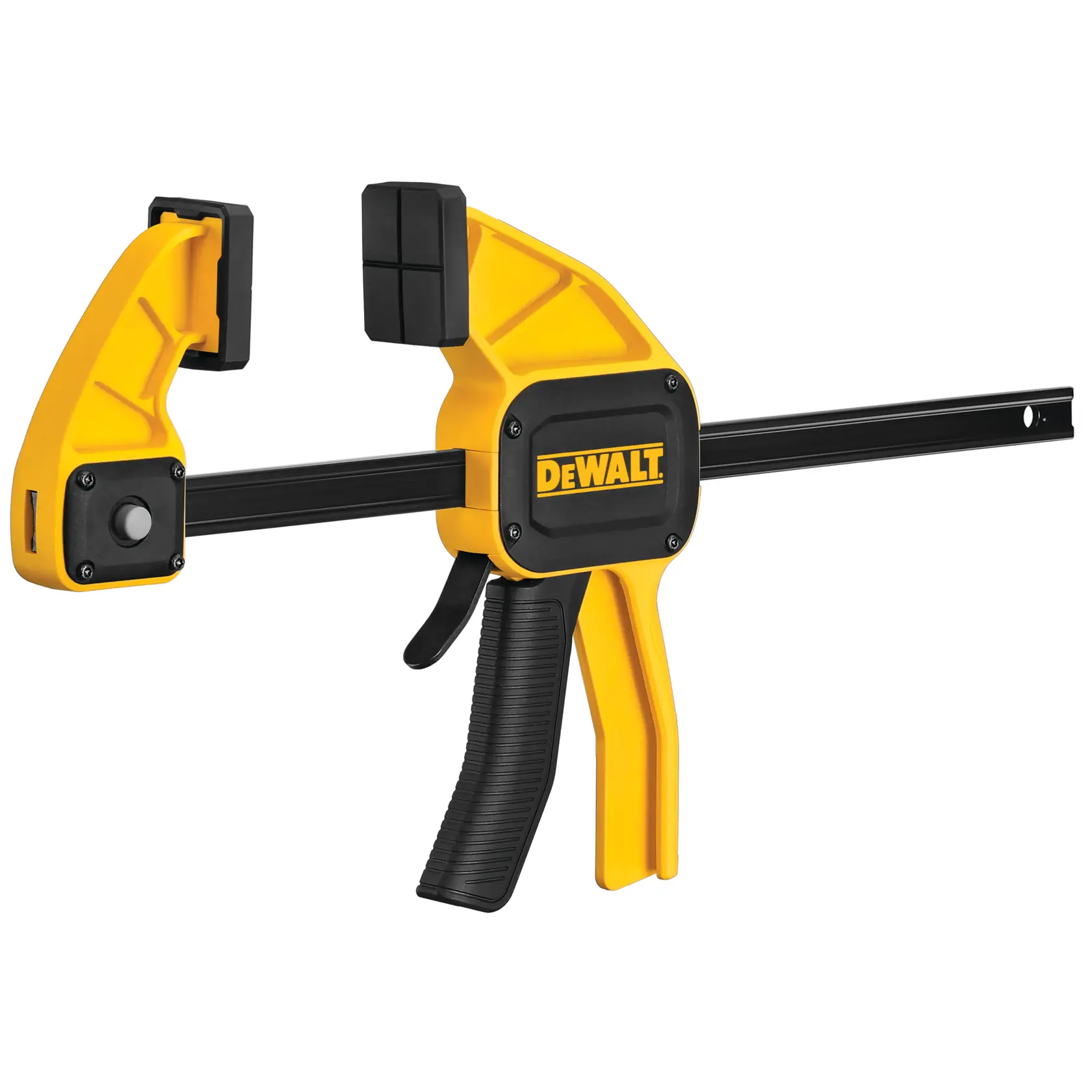 DEWALT yellow and black trigger clamp with padded jaws for holding materials securely during work.