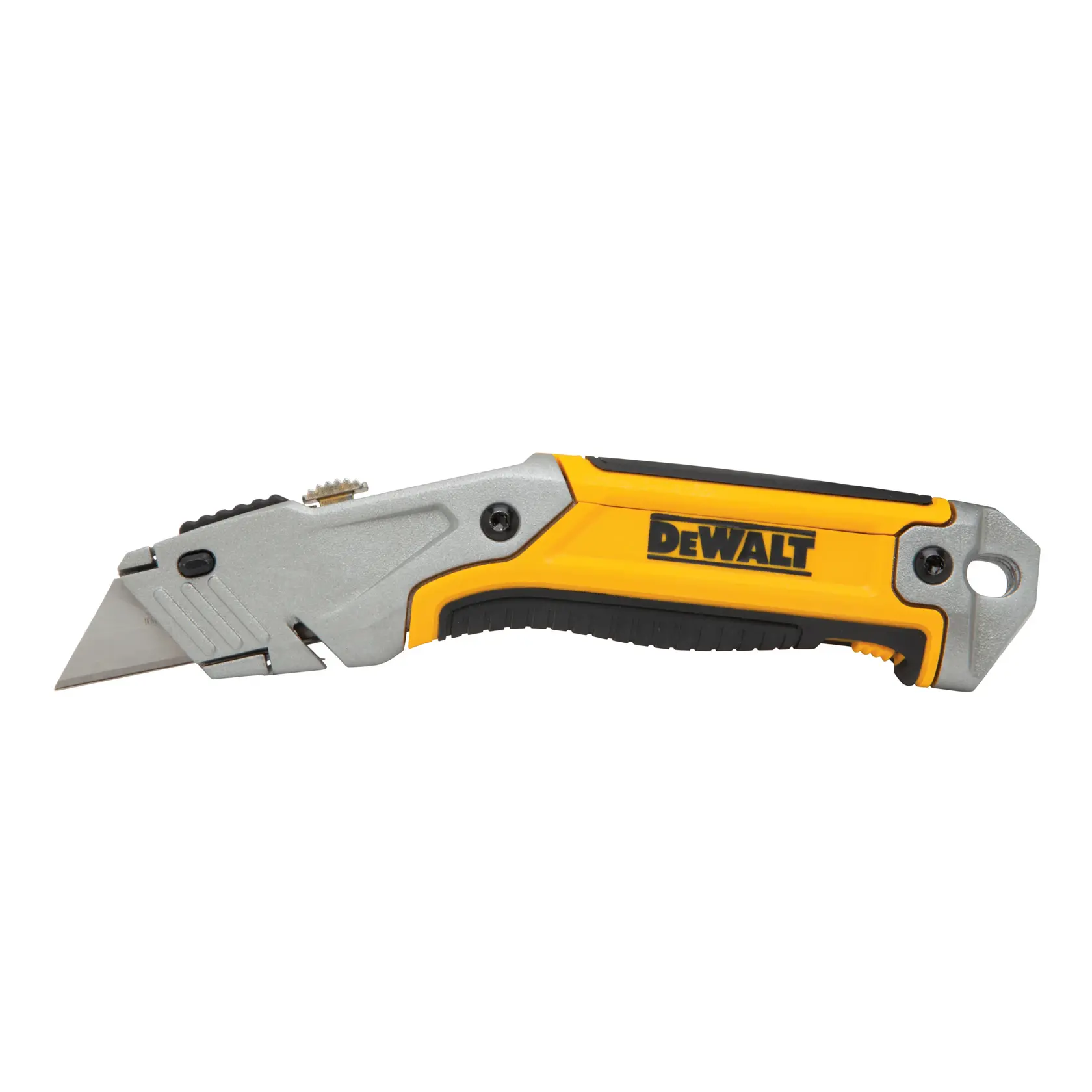 DEWALT utility knife with yellow and black handle, folding blade design, isolated on white background.