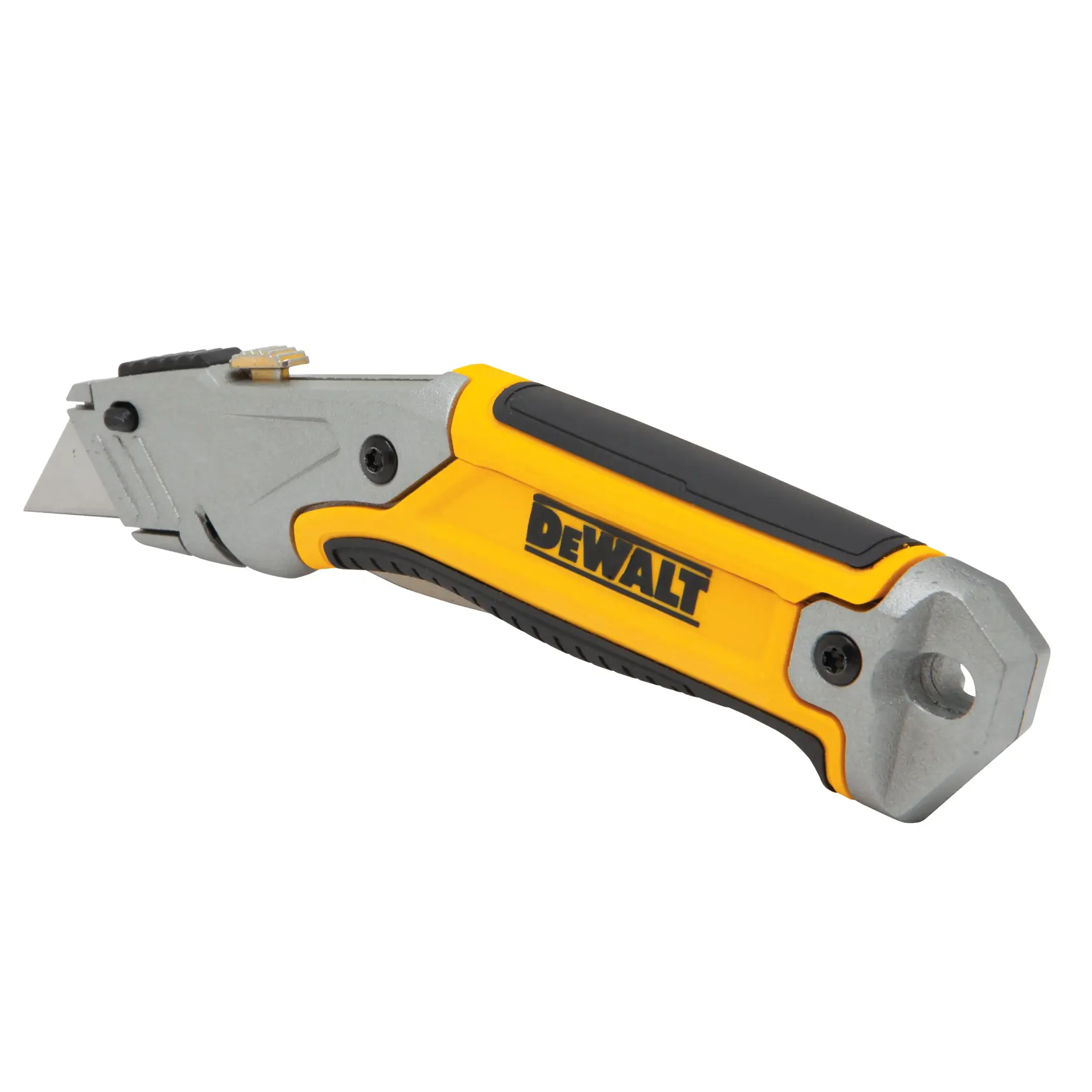 DEWALT yellow and black utility knife with exposed blade, ergonomic handle, and metal details.