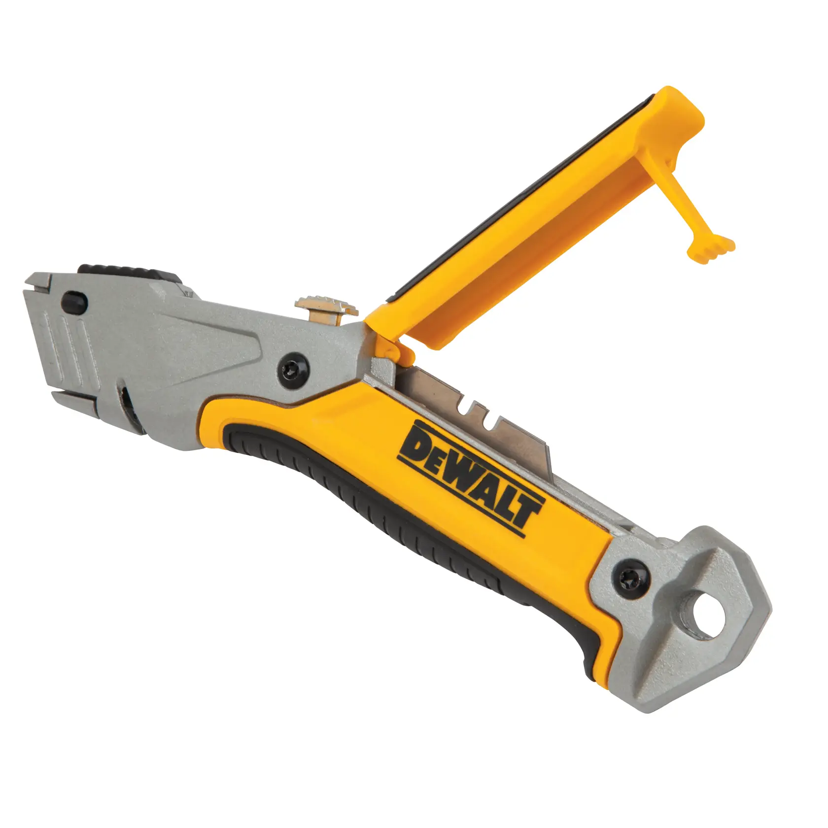 DEWALT utility knife with open blade storage, yellow and silver design, ergonomic handle.