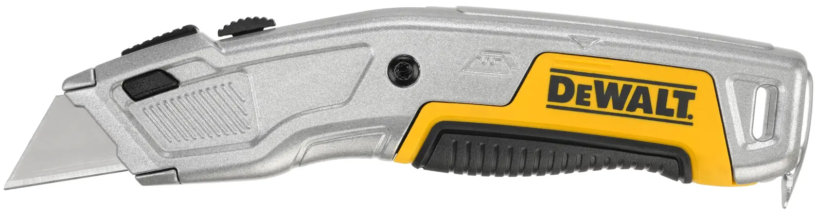 Silver and yellow DEWALT utility knife with retractable blade and ergonomic handle.